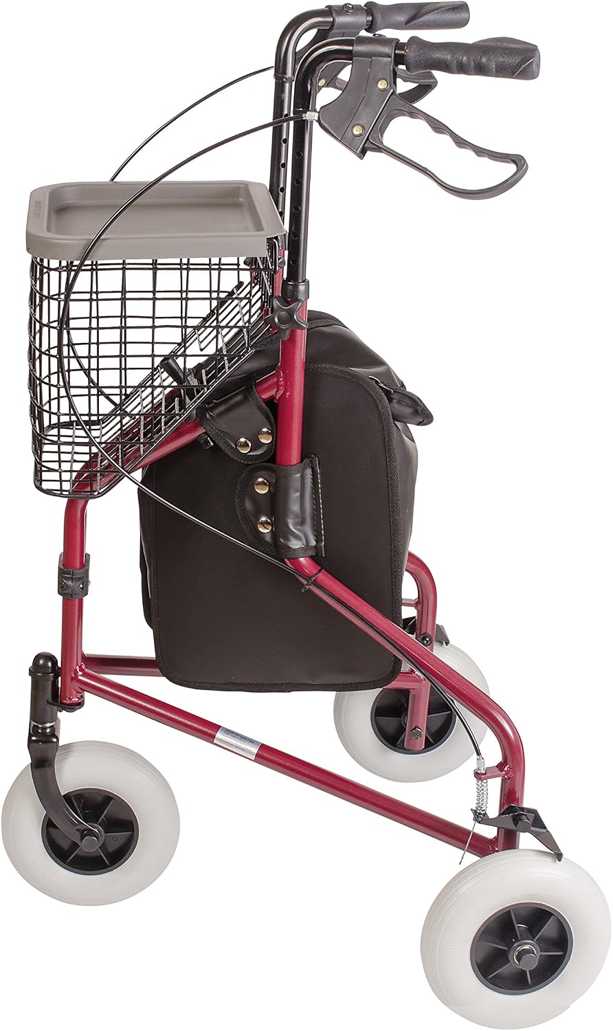 DMI 3-Wheel Folding Aluminum Rollator Walker with Swivel Front Wheel, Burgundy