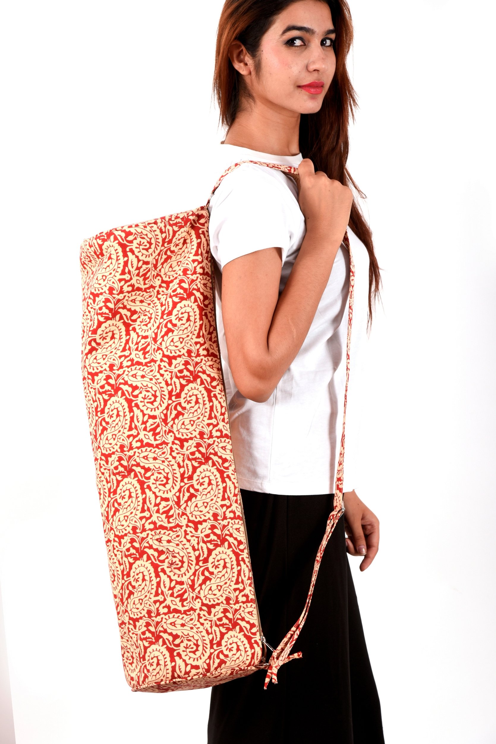 Cotton Hand Paisley Printed Yoga Mat Cover With Strap | Maroon & Beige Color Print Large Size-image-48