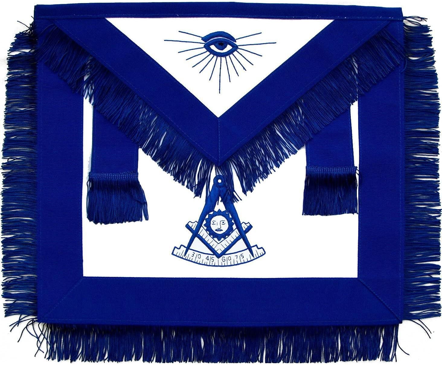 BRICKS MASONS Past Master Blue Lodge Apron - Royal Blue with Blue Hand Embroidery & Fringe