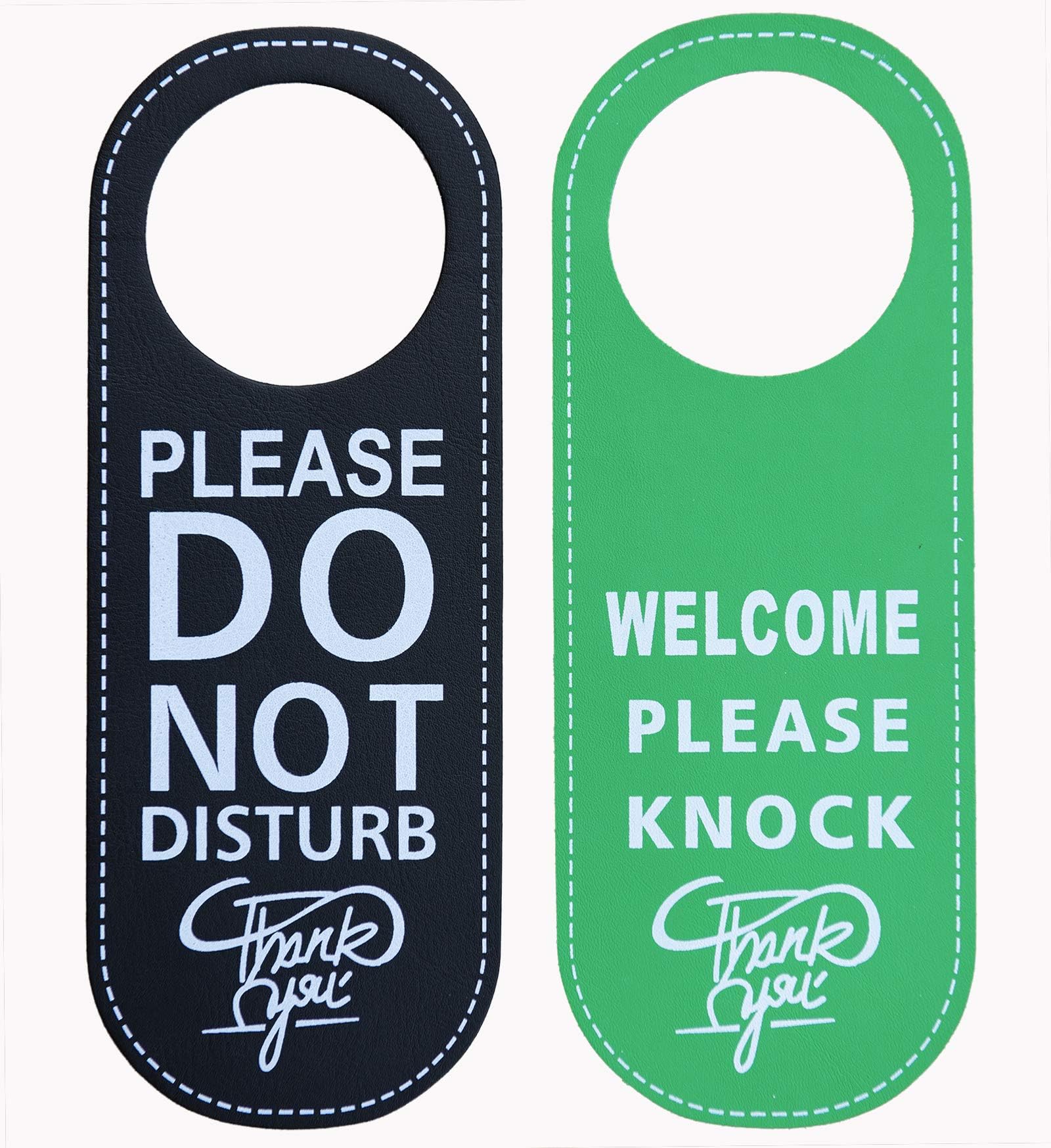 Do Not Disturb Sign Door Hanger Sign，Welcome Please Knock Sign PU leather, for Home and Business (Black + Green) 2 Pack
