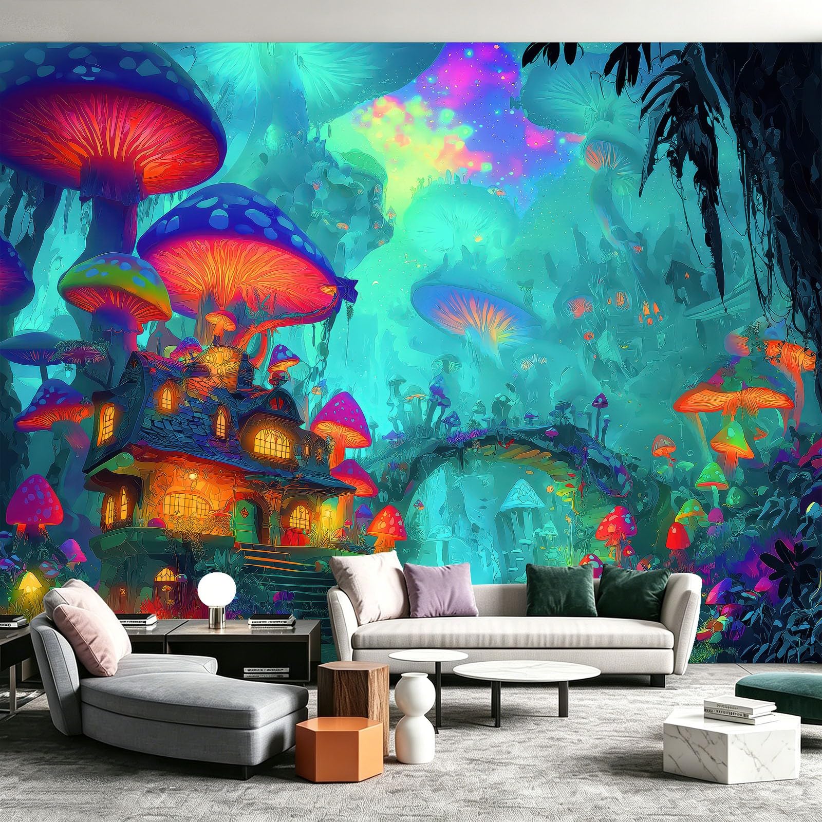 Générique Tapeta z włókniny Las Bajki 300 x 210 cm, jasna tapeta do domu z grzybami panoramiczne, łatwa do zainstalowania dekoracja ścienna do salonu, sypialni, kuchni