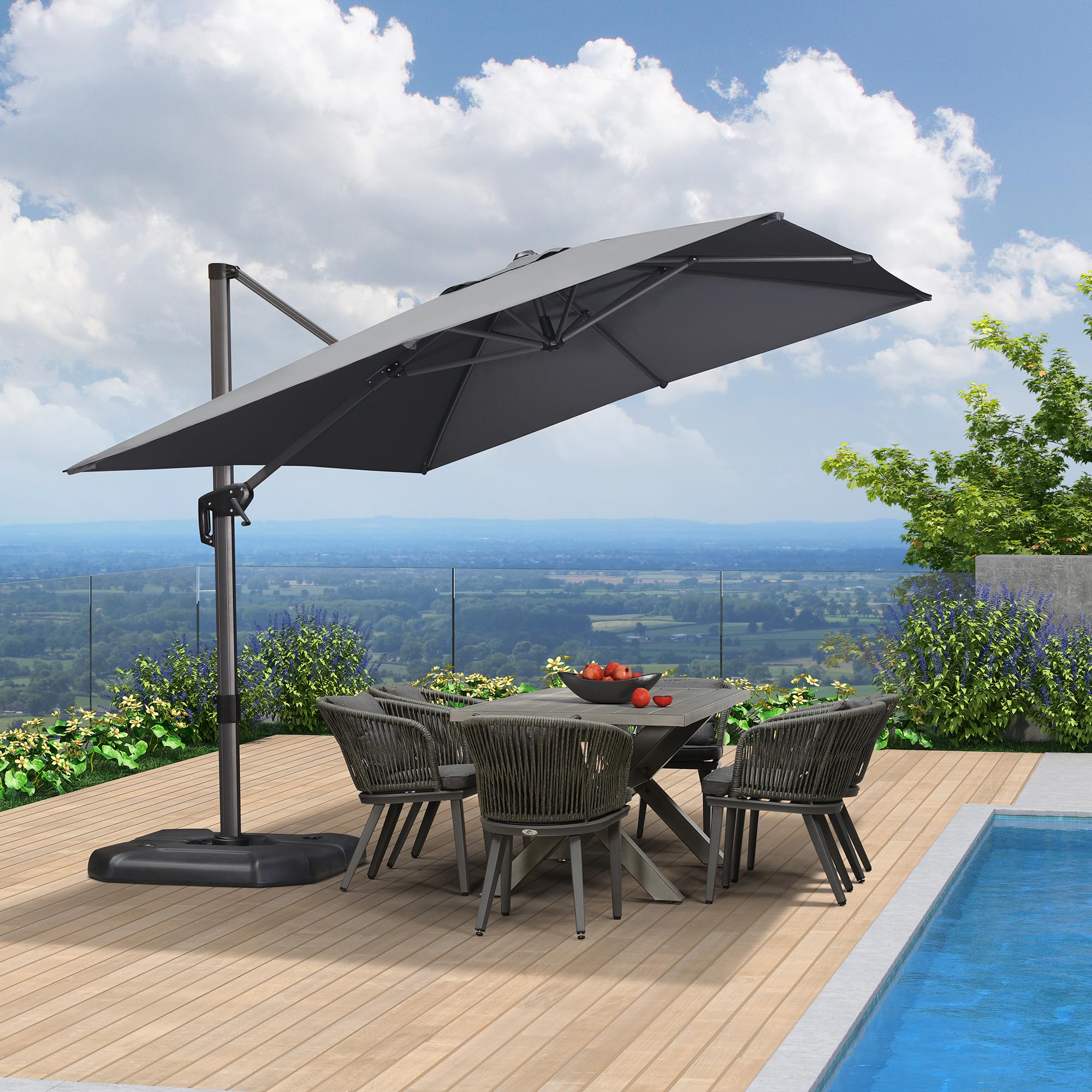 PURPLE LEAF - Sombrilla para jardín (2,7 x 3,5 m, rectangular, 360 °, 8 ballenas de aluminio, lona 240/GSM con protección UV, gris claro
