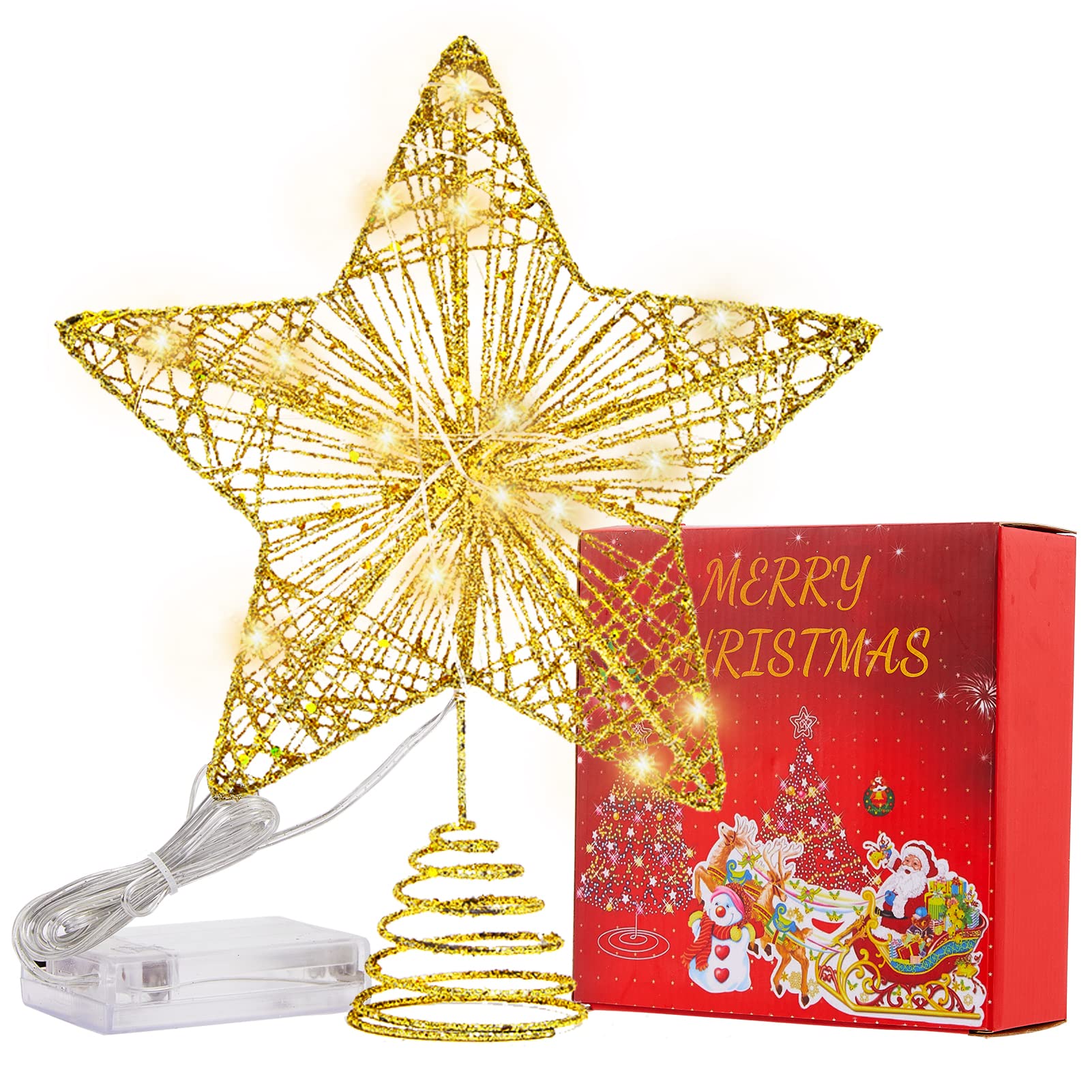 Zhuqing Pre-lit Glitter Star Tree Topper for Christmas Decorations, 5 Point Hollow Star Tree Topper for Xmas/Holiday/Festival Decor, Lighted Metal Design, Battery Operated 20 LED Lights, 8 Inch(Gold)