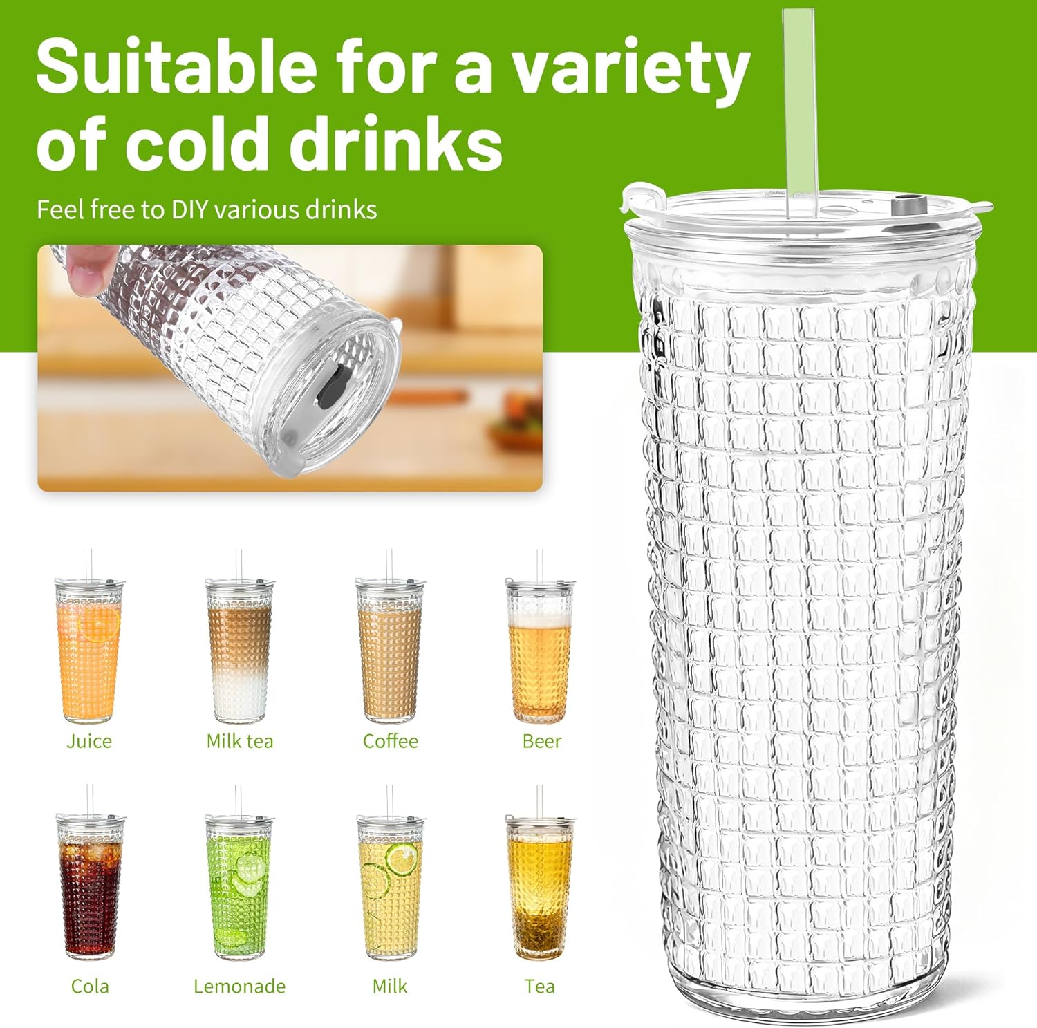 20oz Glass Cups with Lids and Straws,4 Pack Reusable Glass Tumbler for Cold & Hot Drinks Wide Mouth Travel Mug for Smoothies Cocktails Beer Tea Juice and Iced matcha Coffee Cups with Lids - Image 3