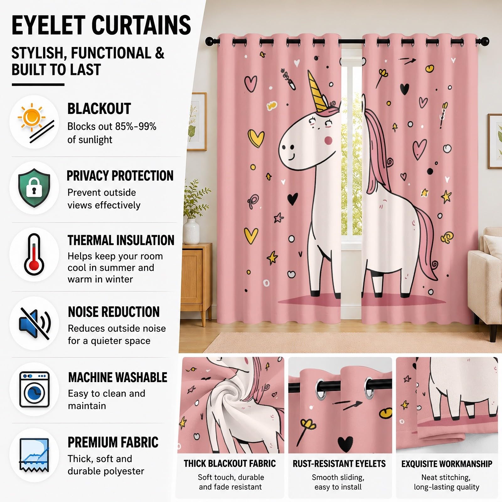 Thermiques Isolants Anti-Fondu Rideaux À Oeillets,140 x 245 cm (LxH) Dessin Animé Licorne CœUr Lot de 2 Occultants Rideaux,Draperies Opaquerideau Rose pour Salon Chambre d'enfant