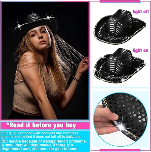 Miniatura 4 de Paquete de 20 sombreros de vaquera con luces LED intermitentes para despedida de soltera, fiesta occidental, boda, novia
