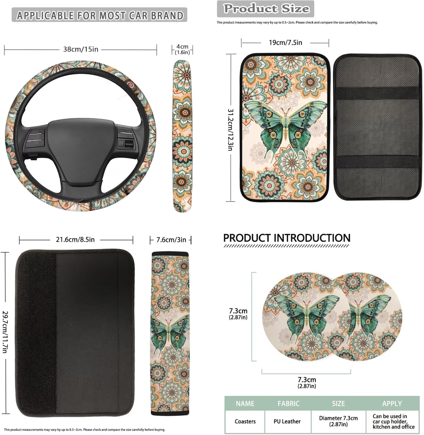 14 Pcs Car Seat Covers Full Set with Mushroom Frog Front Rear Seat Covers Steering Wheel Cover Seat Belt Pads Armrest Cushion Cup Coasters Head Rest Protector Keychains