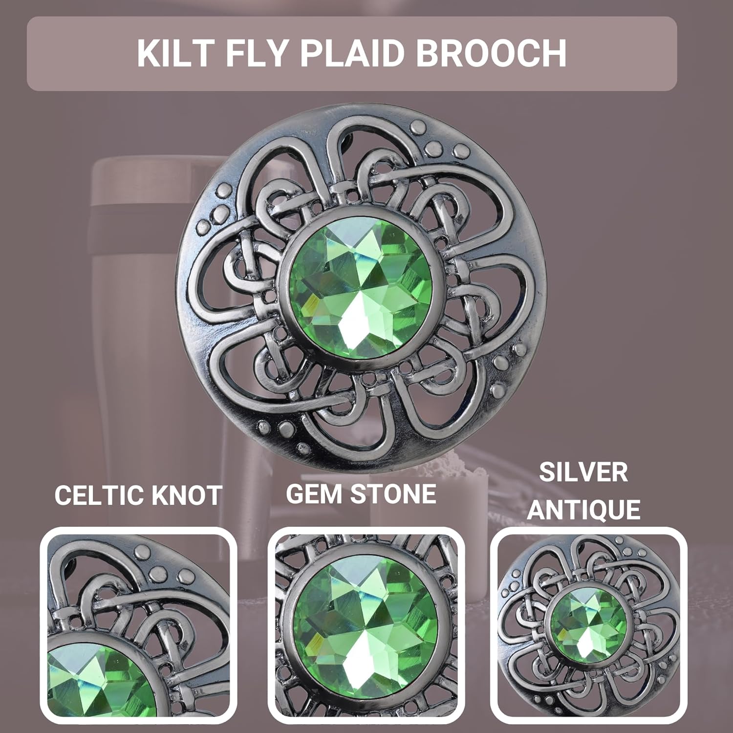 Elegant Culloden Plaid Brooch – Scottish Kilt Fly Plaid Brooch Intricate Celtic Knot in Pewter with Gemstone 3-Inch Diameter – Ideal for Scottish Kilts & Formal Wear - Image 2