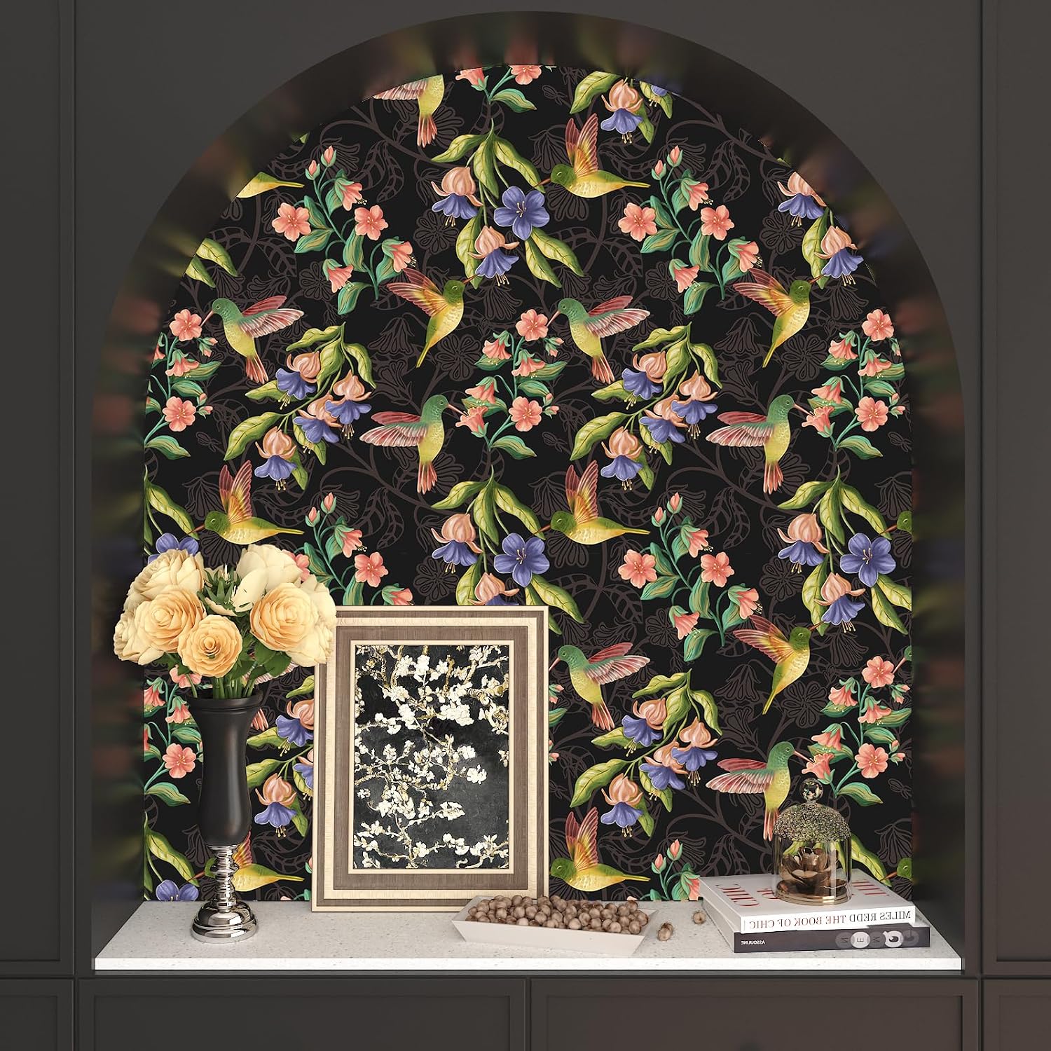 Boho Hummingbird Floral Wallpaper Peel and Stick Garden Flower Wall Paper Dark Botanical Leaf Bird Wallpaper Prepasted Removable Watercolor Floral Contact Paper for Walls Bedroom 17.7"x160"