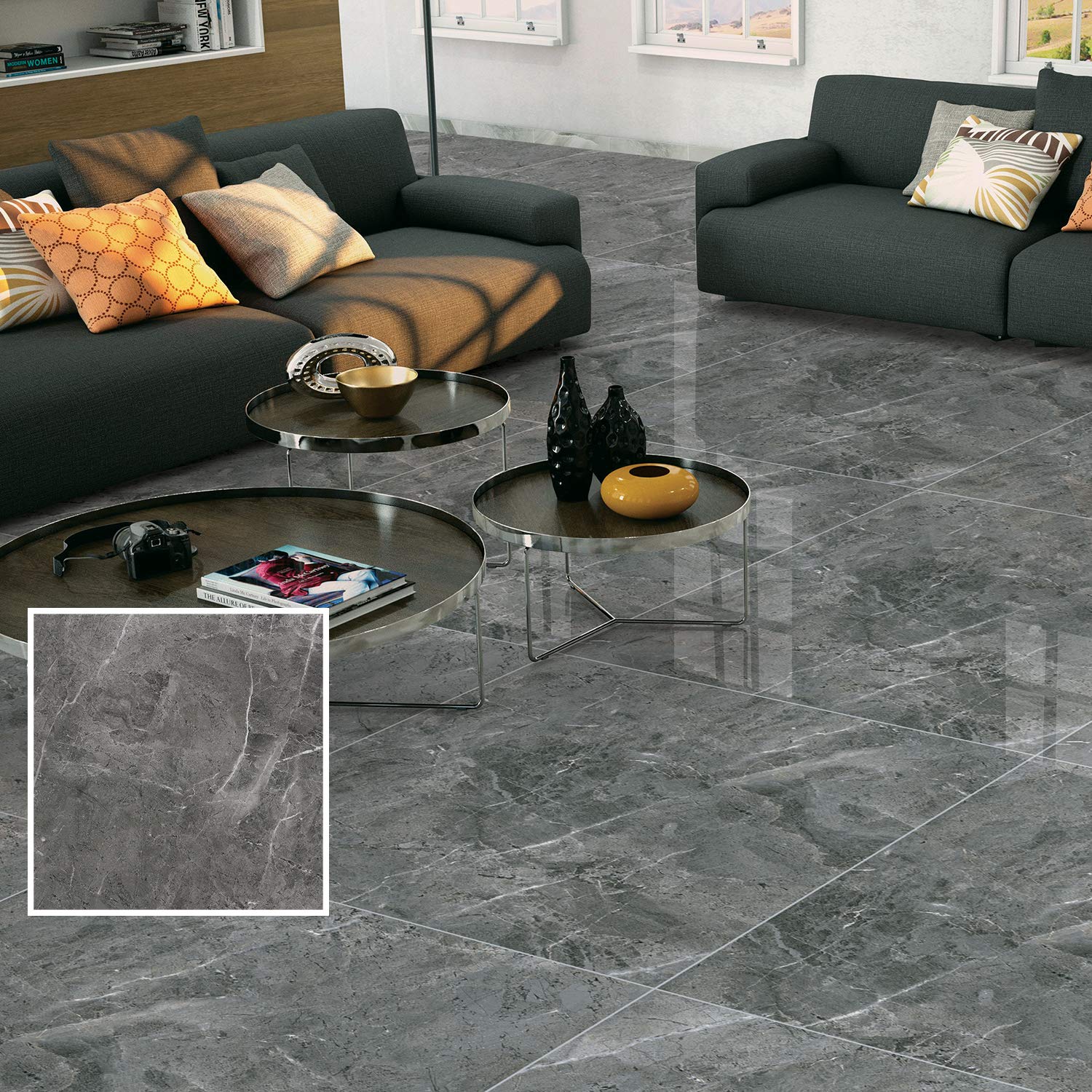 Azulejo de porcelana gris oscuro con venas blancas, suelo versátil para baño, cocina, sala de estar, oficina, restaurante y más, diseño elegante