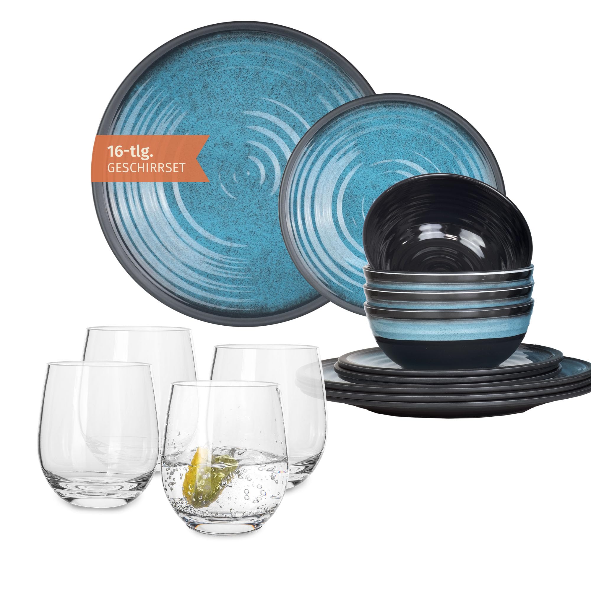Vajilla de melamina para camping, 4 personas, color azul piedra + 4 vasos de agua Tiamo vajilla de picnic barbacoa