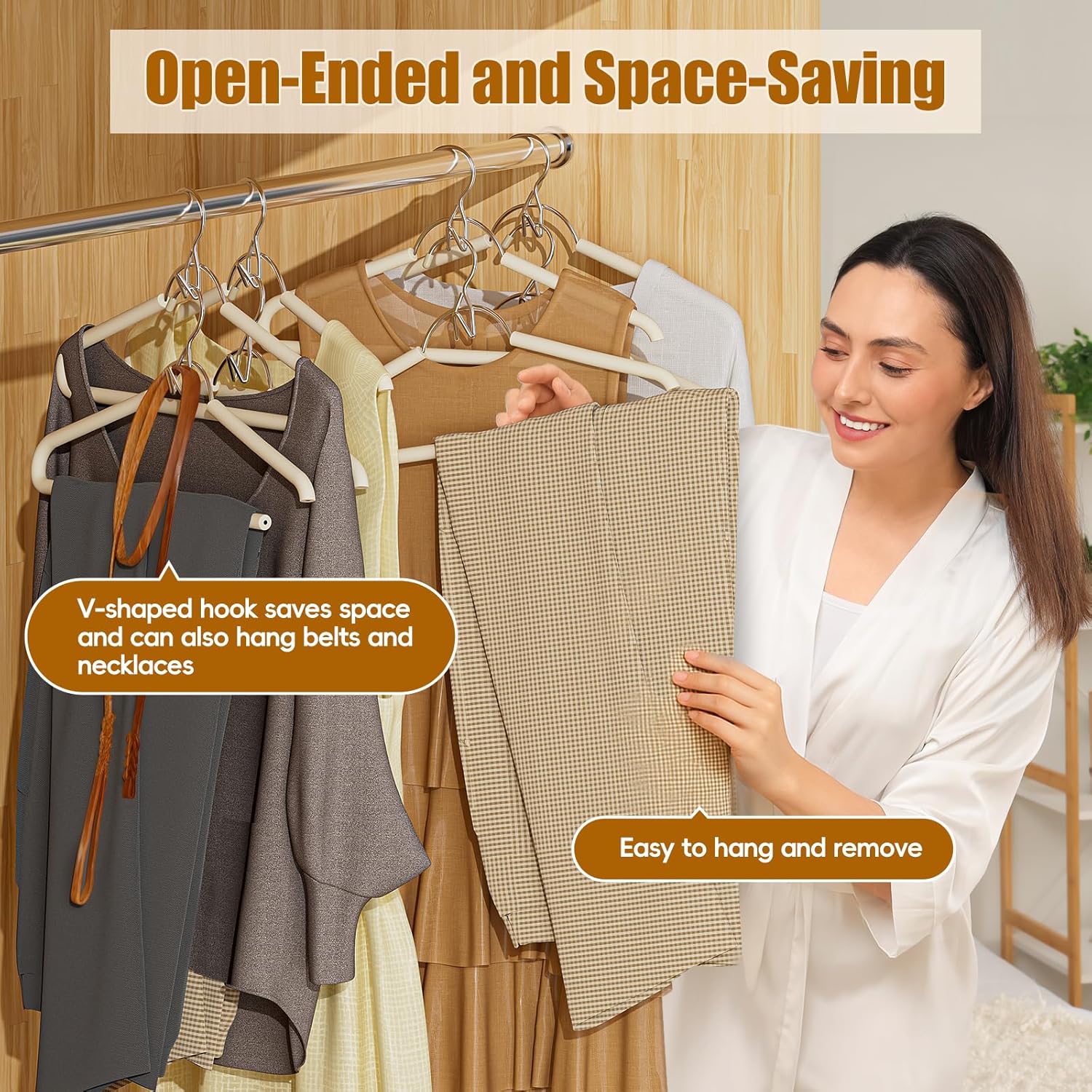 5 Pack Open Ended Pants Hangers with Non-Slip Foam Padding & V-Hook, 0.17” Heavy Duty Durable Metal, Durable Rust-Resistant & Space Saving Closet Organizer for Trouser, Coat, Camisoles, Beige