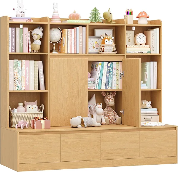 HIFIT 4-In-1 Kids Bookshelf and Toy Storage Organizer with Bench, Kids Reading Nook Bookcase w/4 Sliding-Drawers & 2 Doors, 10-Cubes Toy Chest Storage Cabinet for Playroom, Nursery, Classroom, Natural