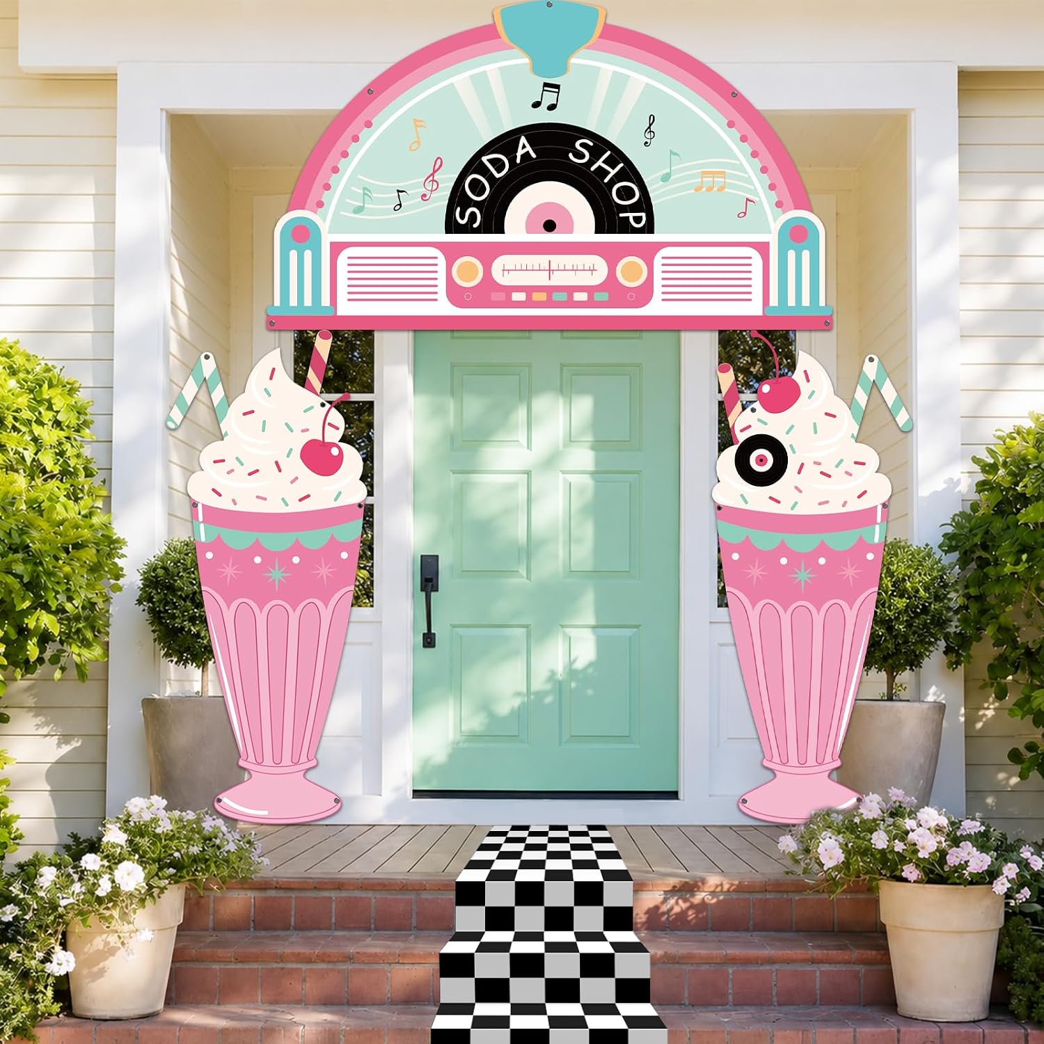 4 Pcs 50s Retro Diner Party Decor Porch Banner Signs Checkered Runner Rug