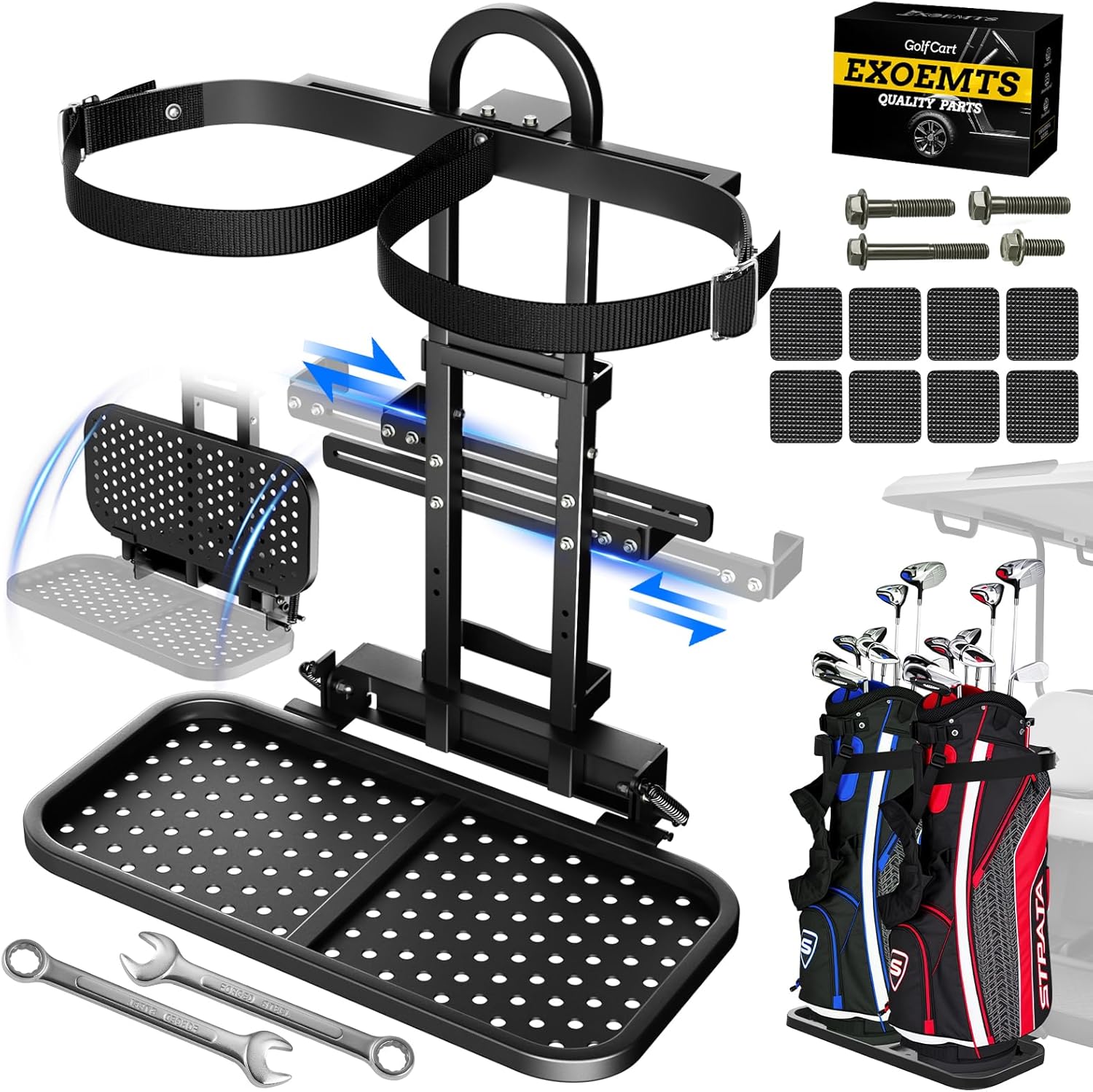 No-Drill Golf Cart Bag Holder, Foldable&Adjustable, Heavy Duty Steel Golf Cart Rear Seat Bag Holder Rack Fits Grab Bars 0-25.6", Universal for EZGO Club Car Yamaha, Easy Install, Space-Saving