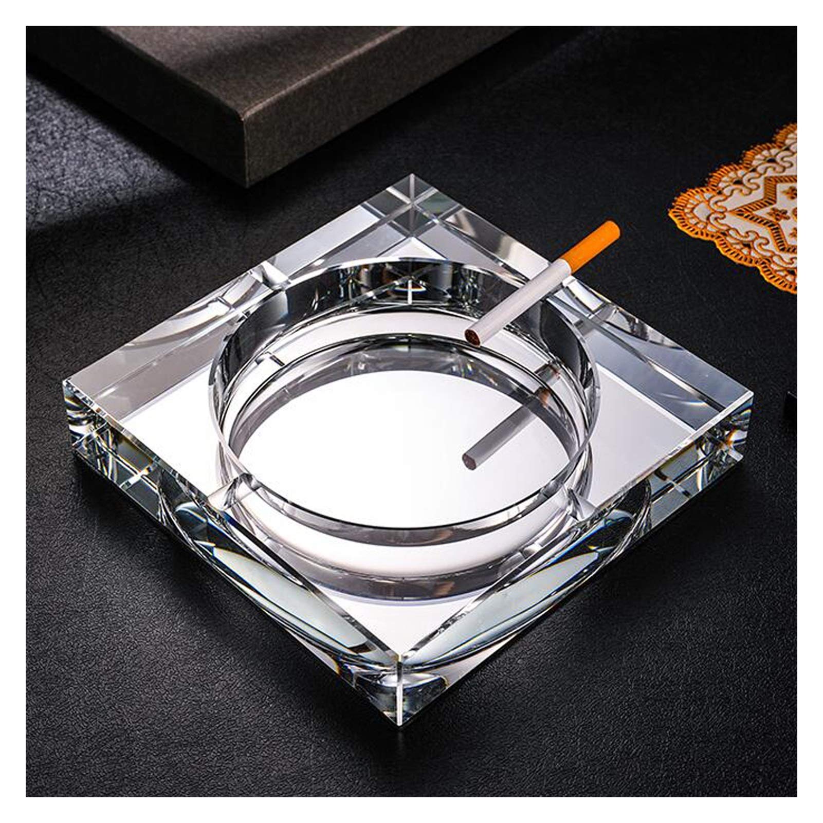 Panalaka Crystal Glass Ashtray European Large Creative Square Cigar Ash Tray Smoking Accessory Living Room Office Bar Smoking Supply (Color : Silver, Size : 20cm)