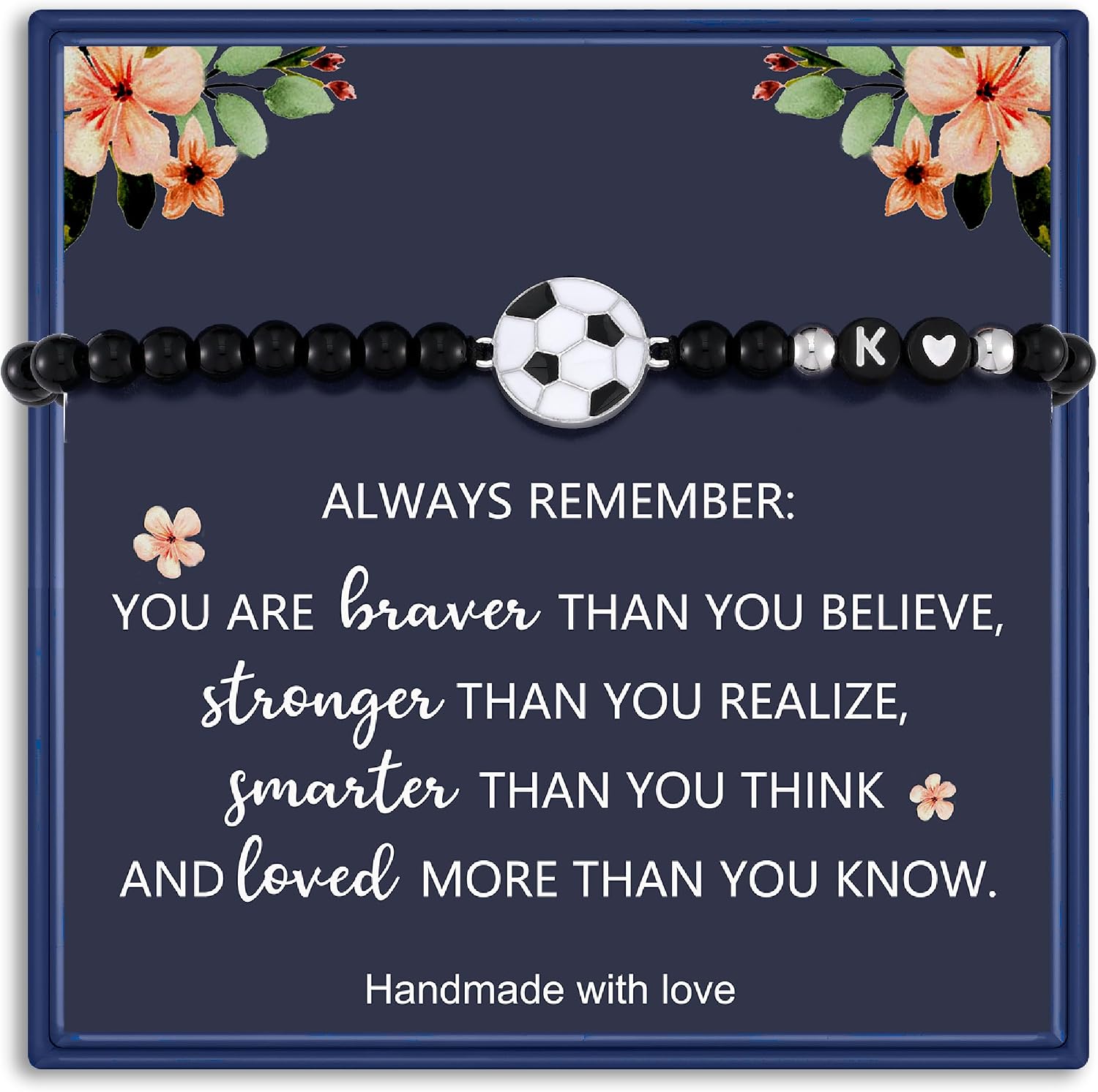 Haoze Football Soccer Initial Bracelet Black Beaded Bracelets Football Soccer Jewelry Sports Bracelet Gifts for Teen Football Lovers Football Soccer Accessories Birthday Gifts for Men Women