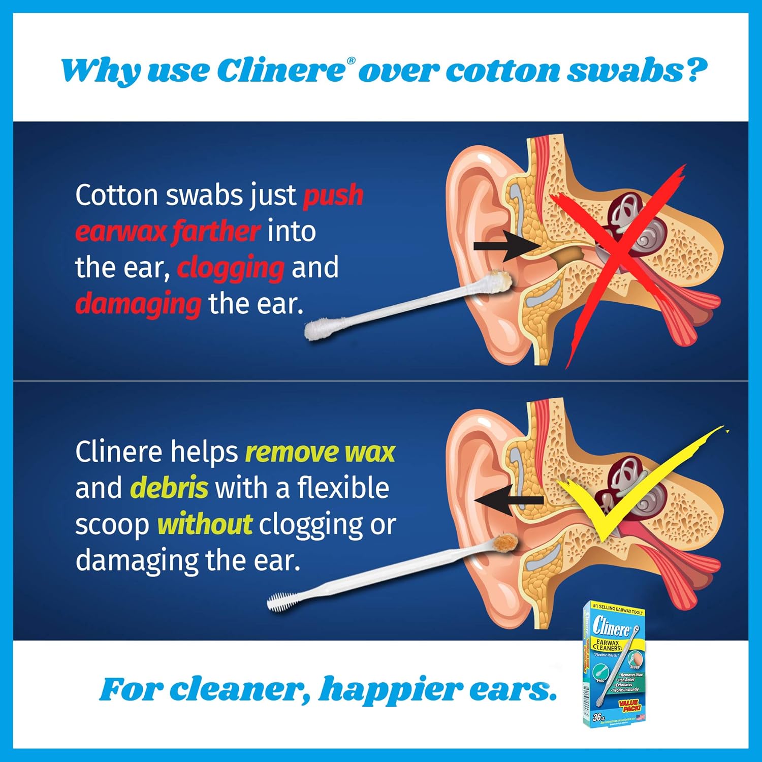 Clinere® Ear Cleaners Club Value Pack, 36 Count Earwax Remover Tool Safely and Gently Cleaning Ear Canal at Home, Ear Wax Cleaner Tool, Itch Relief, Ear Wax Buildup, Works Instantly, Earwax Cleaners : Health & Household