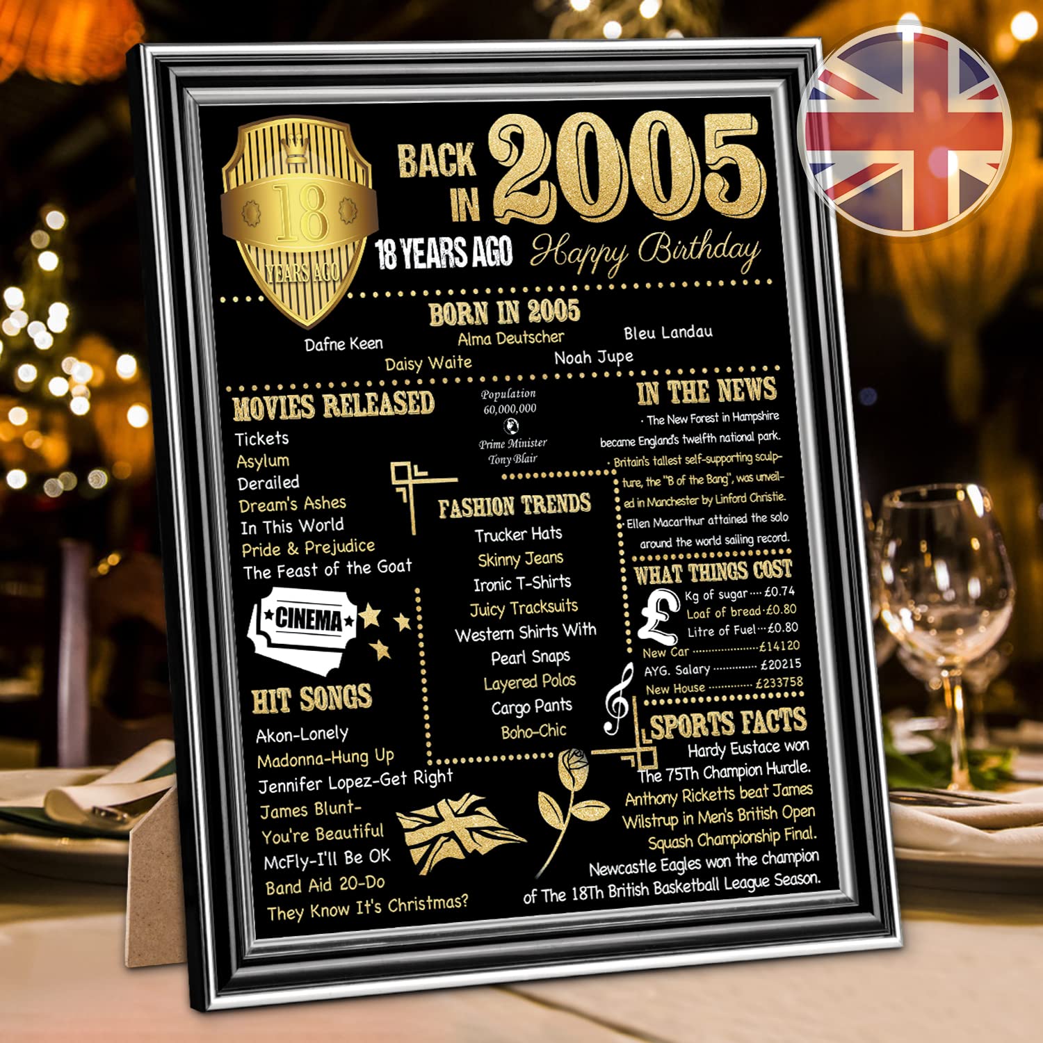 Benjia Back 2005 Poster Framed UK, Happy 18th Birthday Party Decoration Supplies 8x10 Inch Home Decor Card Gift 18 Years Old Birthday Wedding Poster For Men Women (Black, 8x10)