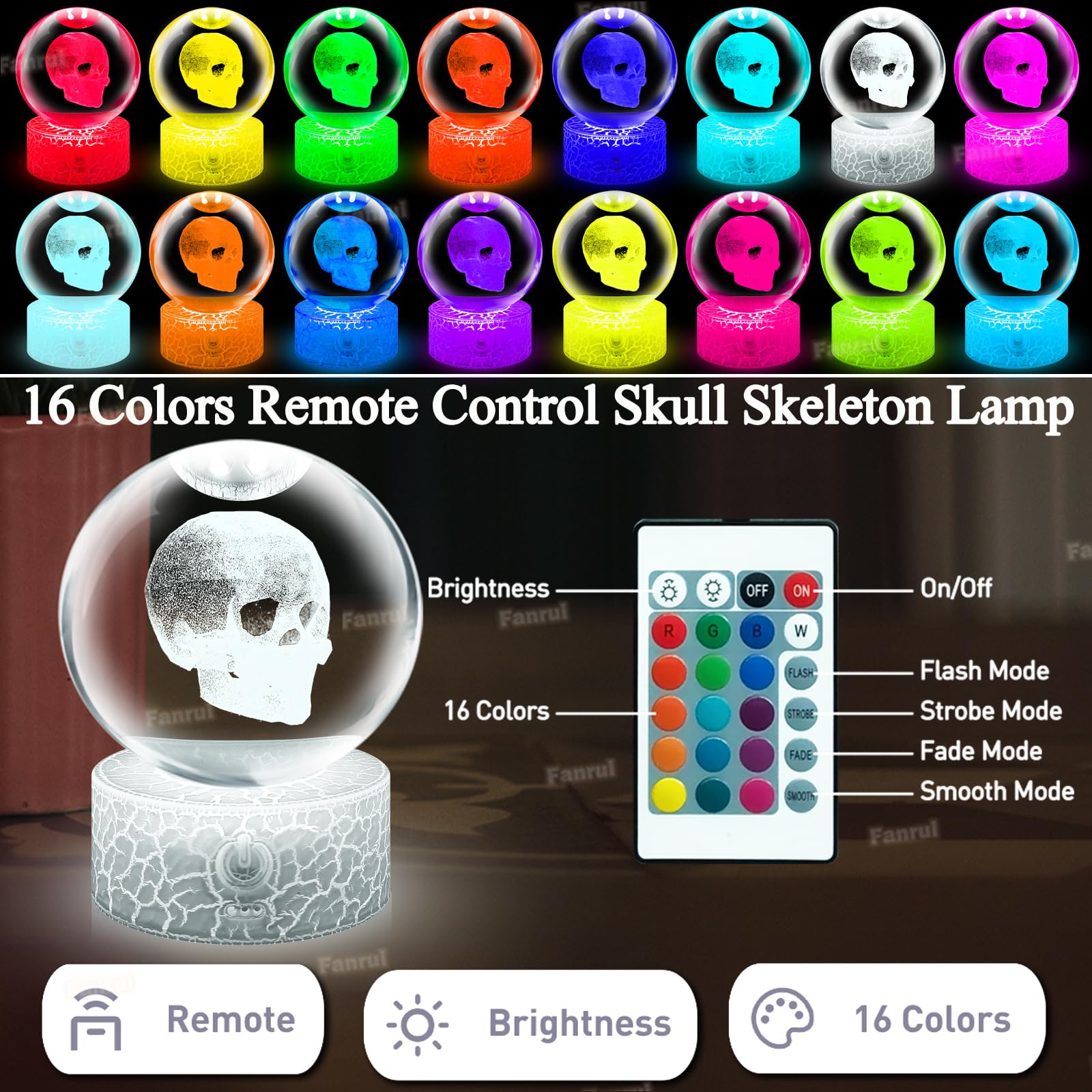 Fanrui 3D Crystal Halloween Skull Lamps,80MM RGB Crystal Skeleton Figurines Ball Table Lamp,16 Colors Dimmable LED Lamp with Remote,Touch Lamps for Living Room,Bedroom Home Office Horror Statue Decor