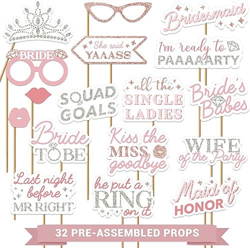 Accesorios para cabina de fotos de despedida de soltera totalmente montados, juego de 32 letreros de oro rosa, rosa y plata, suministros y