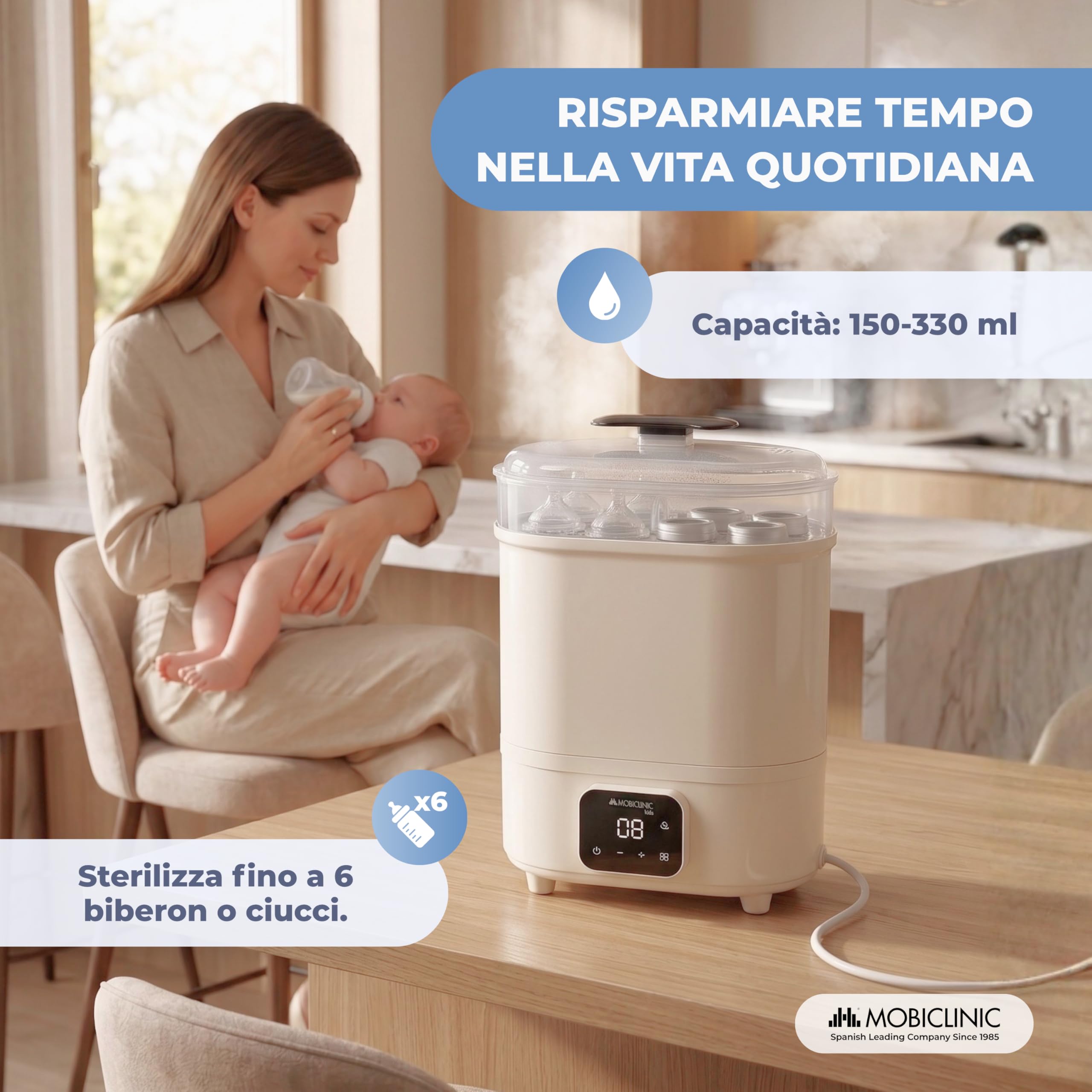 Mobiclinic®, Sterilizzatore Biberon, 4 in 1, Fino a 6 Bottiglie, Asciuga, Mantiene la Temperatura, Modalità Automatica, Ciucci e Tiralatte, Schermo LCD, Compatto, Mobibi