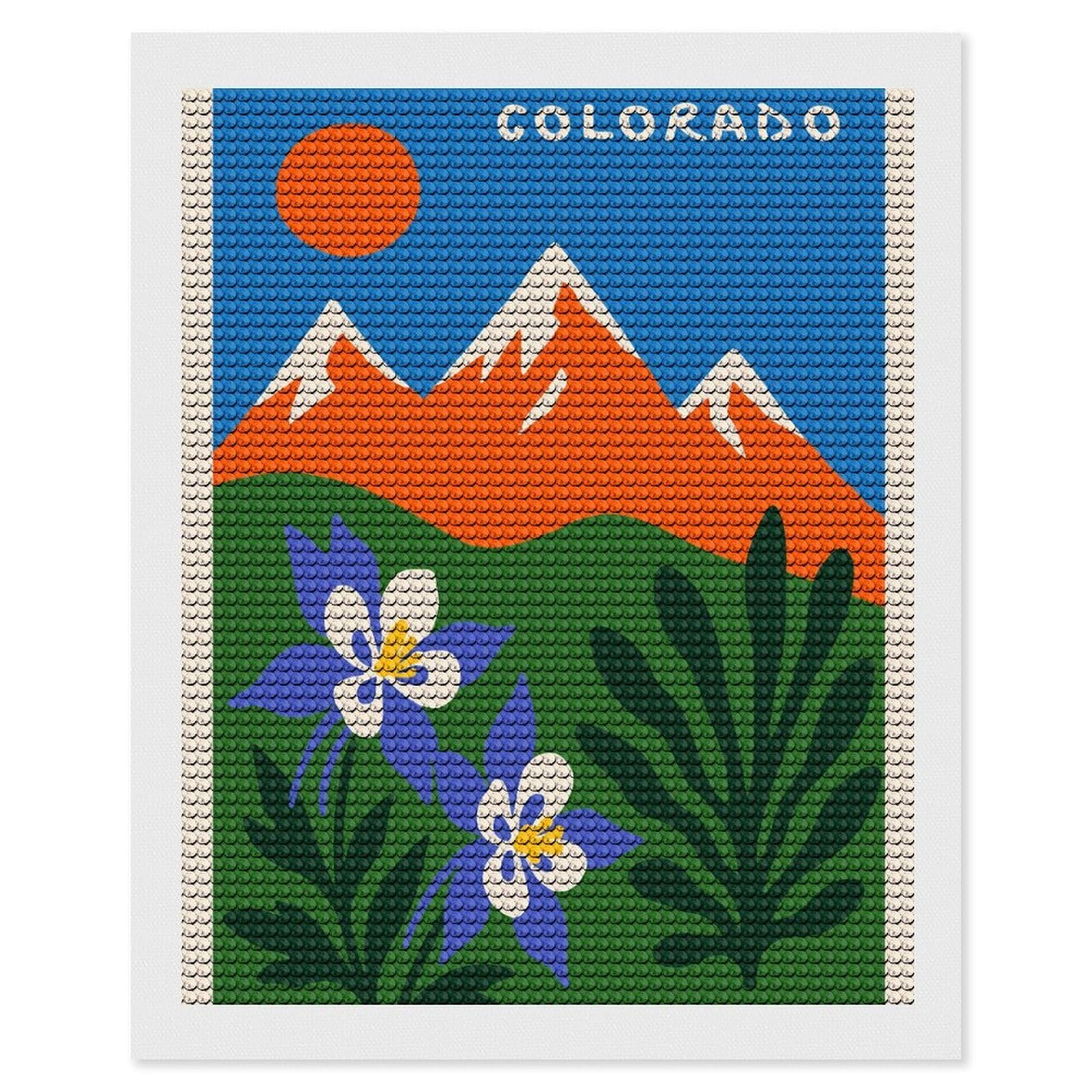 Junmoney Colorado Landscape with Columbine Flowers Diamond Painting Set 16"x20", Sparkling Round Gems, Decorate Your Room, Fun Craft Experience, Modern Decor