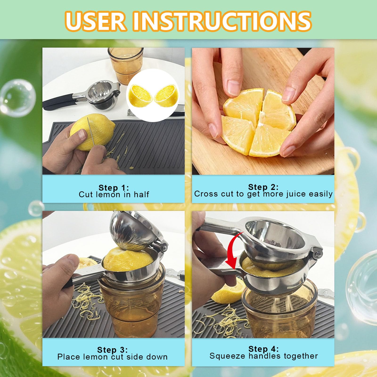 Spremiagrumi Manuale in Acciaio Inox con Zester, Spremilimone per Limoni e Lime, Manici Ergonomici, Lavabile in Lavastoviglie