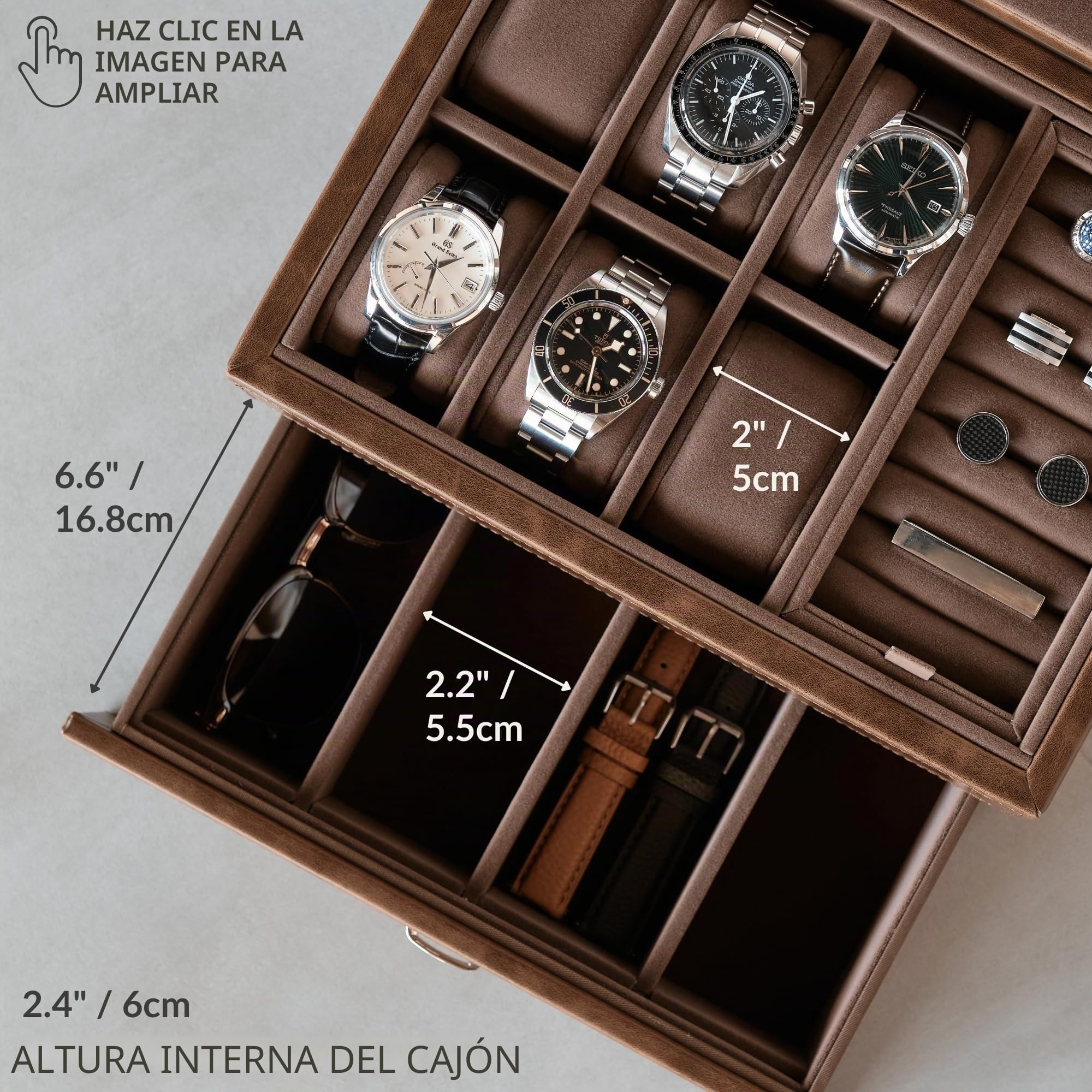TAWBURY Estuche de Cuero Vegano para 6 Relojes y Joyería para Hombre - Organizador y Caja de Almacenamiento