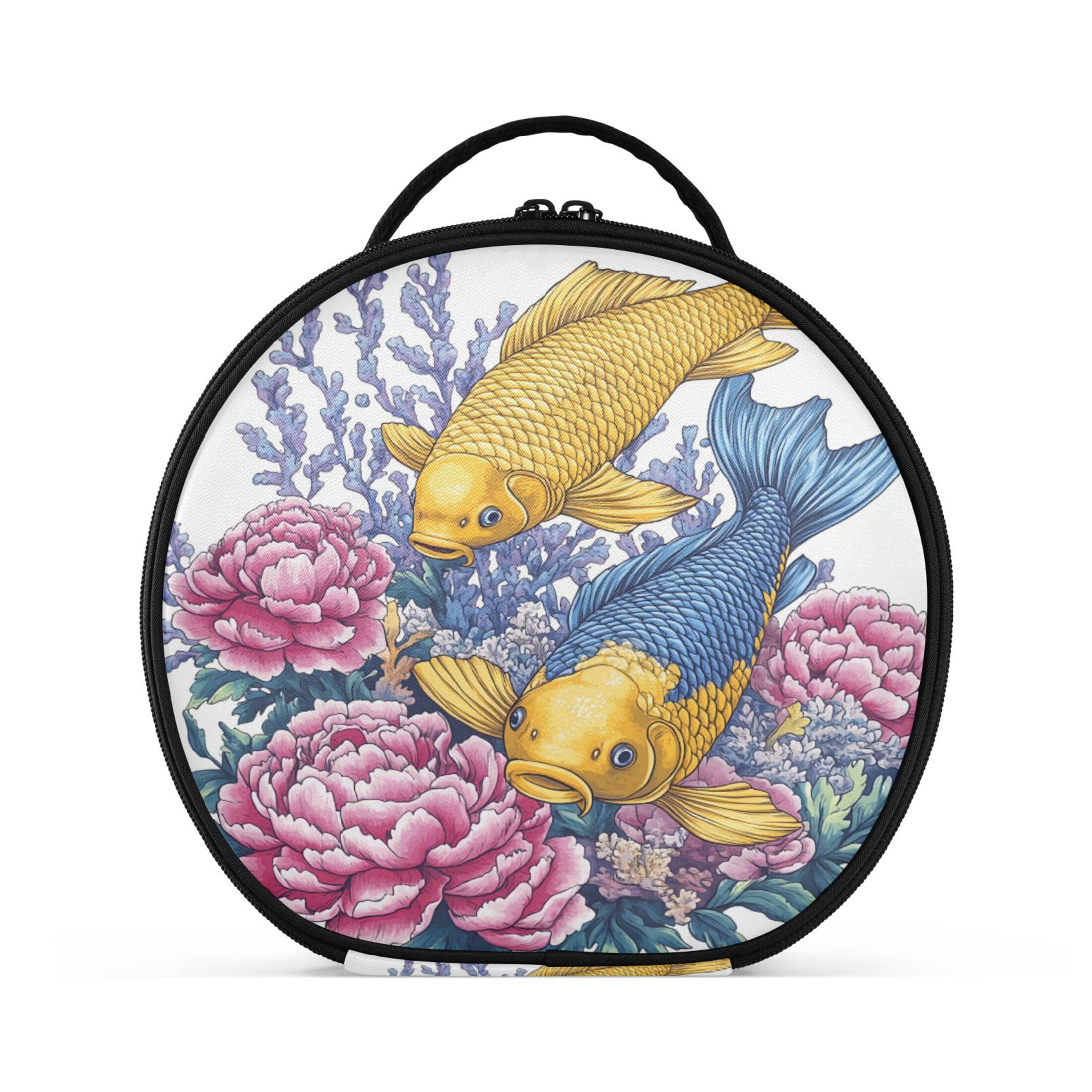 Takiito Yellow Blue Carp Peonies Travel Makeup Case Portable Makeup Box Artist Cosmetic Case Organizer With Adjustable Dividers