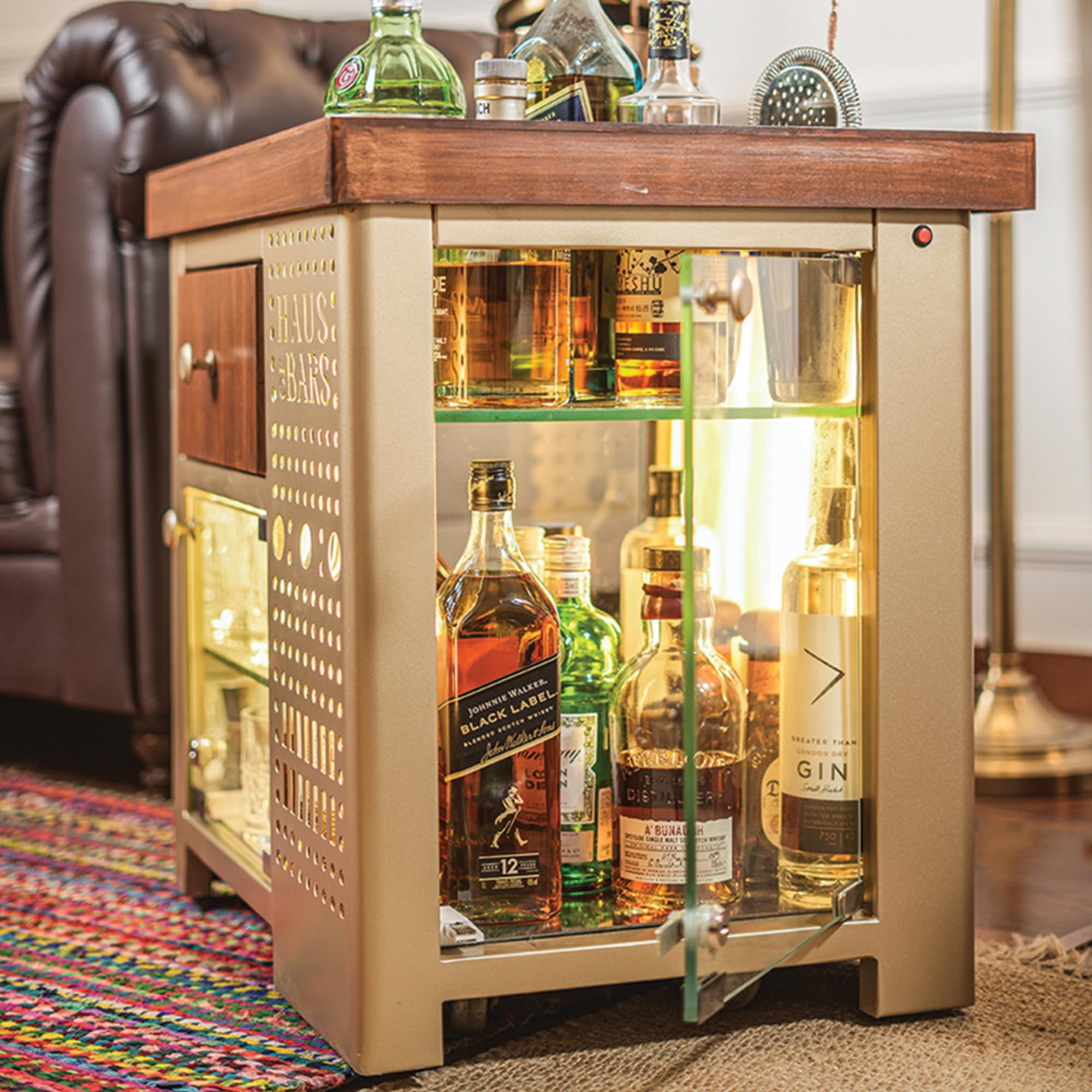 HAUS OF BARS Metal by Speedx- Model M Mini Bar for Home, Matte Gold with Right Side Display Cabinet