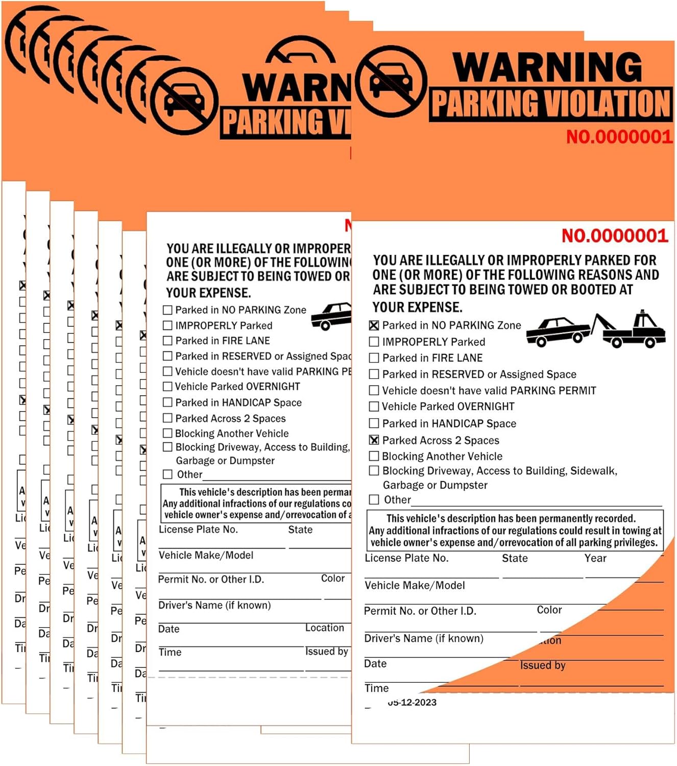 2-Part Perforated Numbered Parking Violation Ticket Tow Warning Illegally Parked Record Tickets - 4 x 8.5 Inch Carbonless Perforated Numbered Parking Violation Warning Parking Violation Tag Pack of 50