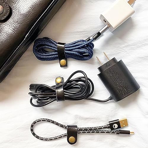 Miniatura 4 de Kanemc Organizador de cordón de cuero, 3 tamaños, correas de cuero, enrollador a presión, sujetacables, para viajes, cables de carga USB, envoltura