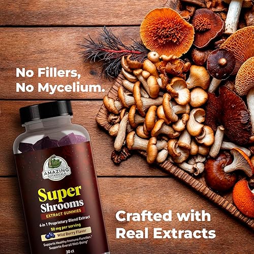 Miniatura 5 de Super Shrooms 6 en 1 - Gomitas de bienestar de hongos - Chaga, melena de león, reishi, shiitake, cordyceps, cola de pavo - Mezcla de extracto de