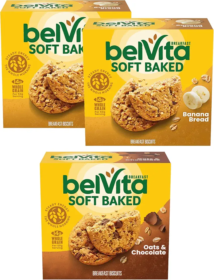 belVita Soft Baked Breakfast Bars Variety Pack, Banana Bread and Oats &amp; Chocolate, 3 Boxes of 5 Packs (1 Biscuit Per Pack)