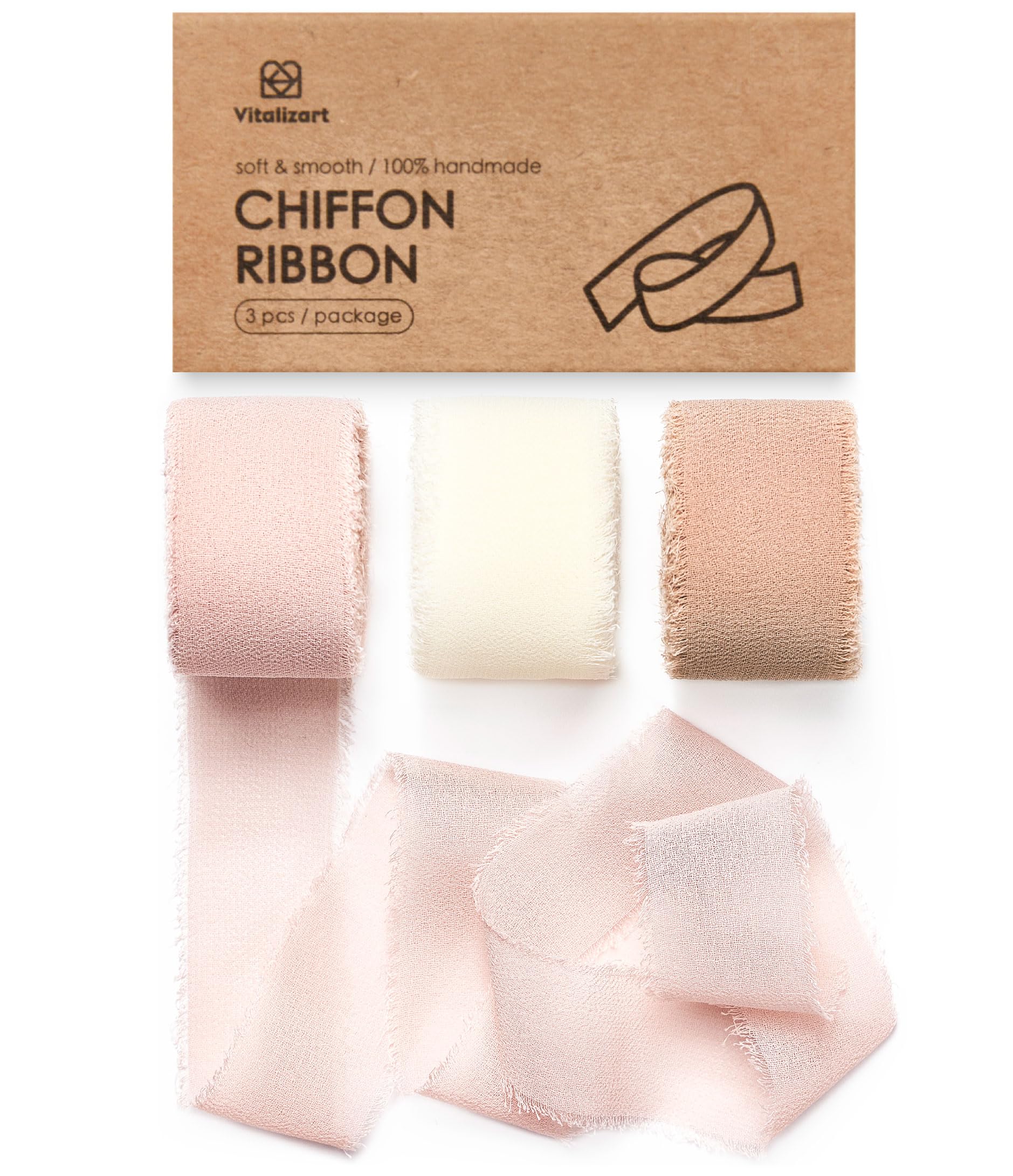 Vitalizart Pink & White Chiffon Silk Ribbon 1" x 21 Yd Fringe Fabric Package (3 Rolls * 7 Yd) for Wedding Invitations Bridal Bouquets Decorations Gifts Wrapping & Bow Making