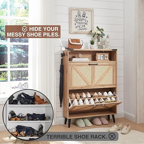 Miniatura 3 de Armario de almacenamiento de zapatos, organizador de zapatos de granja con 2 cajones abatibles y diseño de puerta de granero, armario independiente