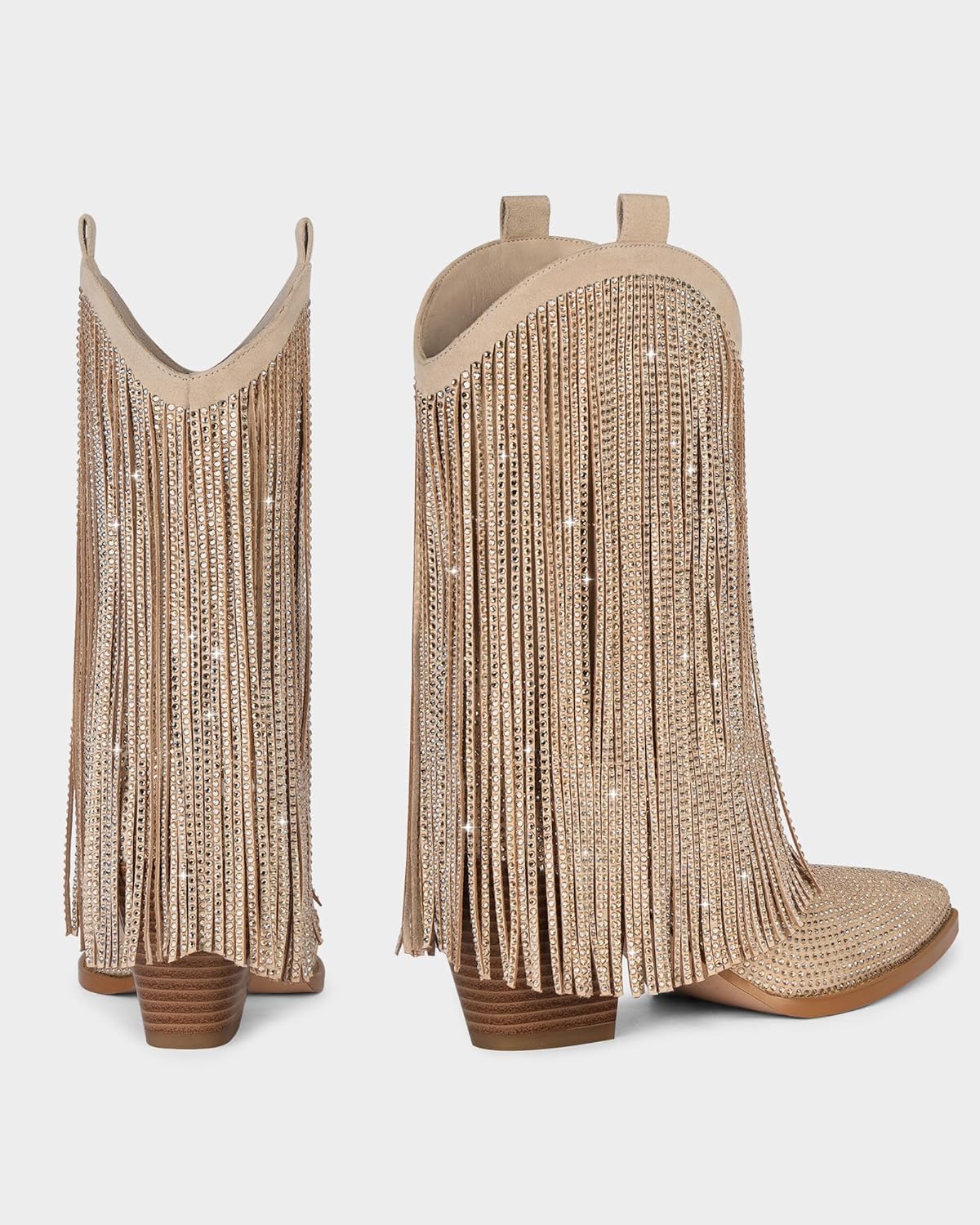 Ouepiano Cowboy Boots for Women - Cowgirl Rhinestone Boots with Sparkly Fringe Pointed Toe Western Boot Chunky Heel Pull-On Wide Calf Botas Vaqueras - Image 9