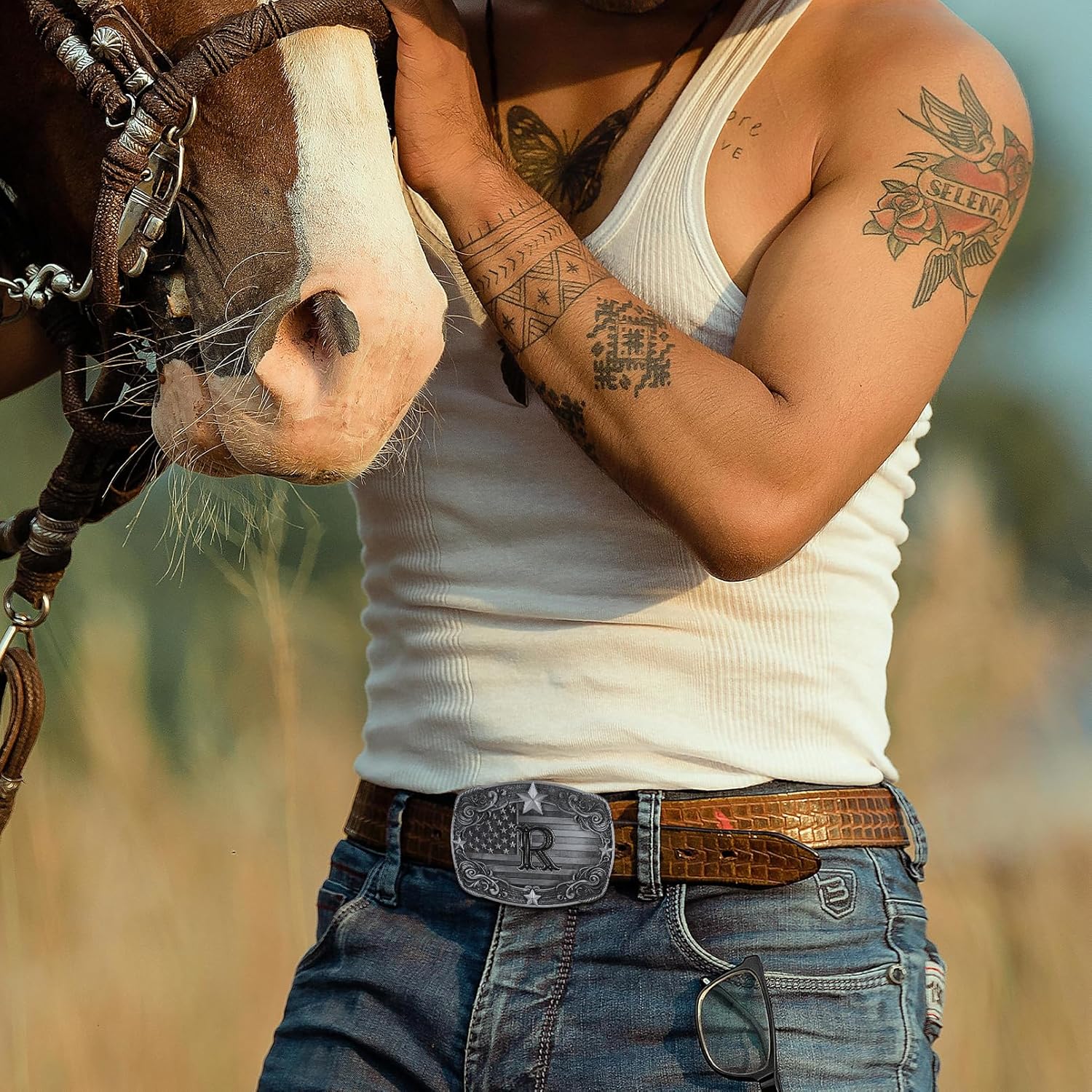 Western Belt Buckle for Men Women, Initial Letter ABCDJRM to Z Silver Cowboy Belt Buckles American Flag Accessories - Image 6