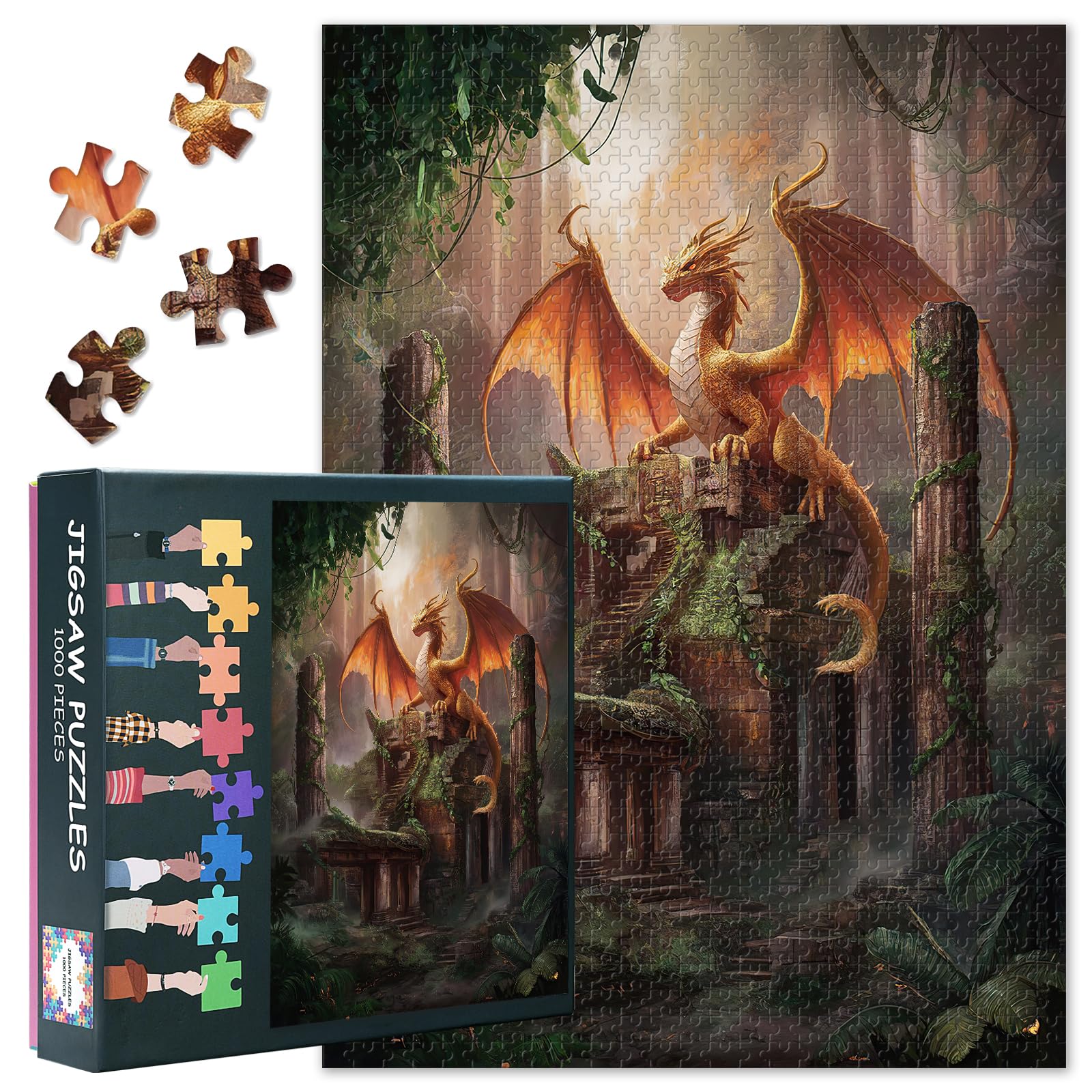1000 Piece Puzzle for Adults Magnificent Ancient Dragon Perched on Mystical Asian Temple Ruins, Fantasy Art