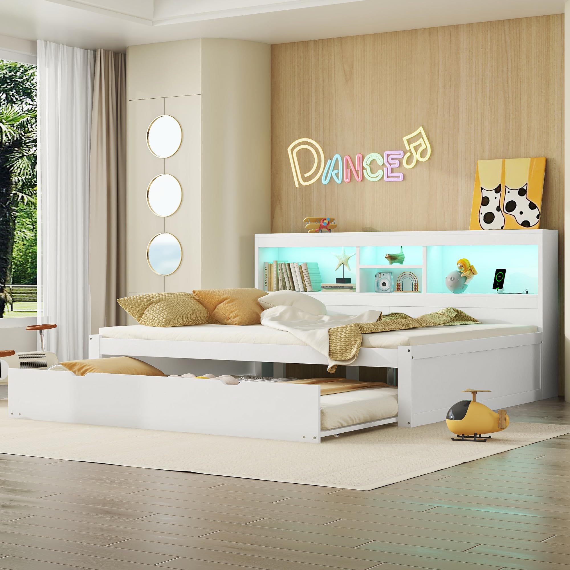 Gegtuon Doppelbett Holzbett 140x200 mit LED-Licht & USB-Buchse für Kinder, Jugendbett Funktionsbett mit Ausziehbares Bett und Stauraum Regal, Bettgestell mit Lattenrost aus Holz, ohne Matratze, Weiß