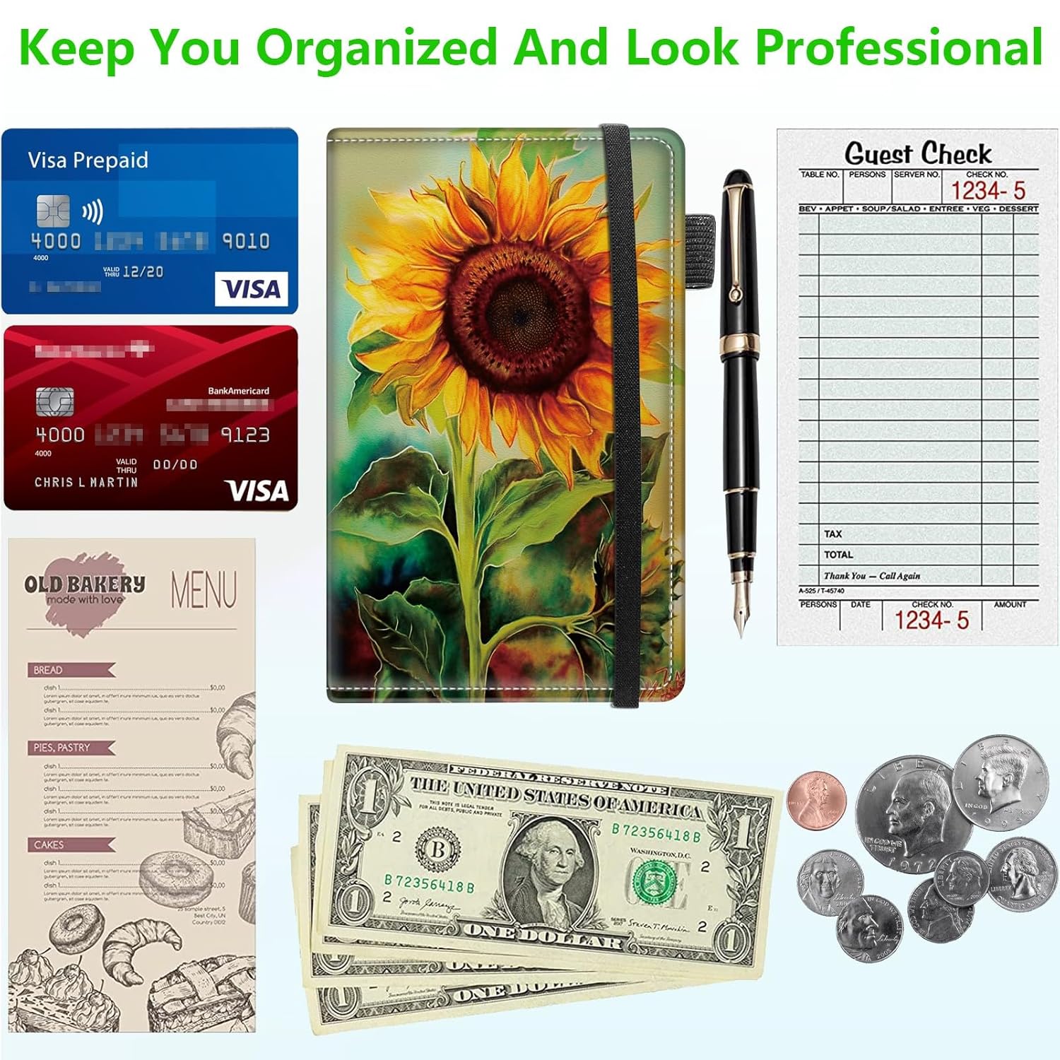 Server Books for Waitress with 11 Large Pockets, Waitstaff Server Order Pads, Leather Waitress Book Server Wallet with Elastic Band Fit Server Apron, Sunflowers