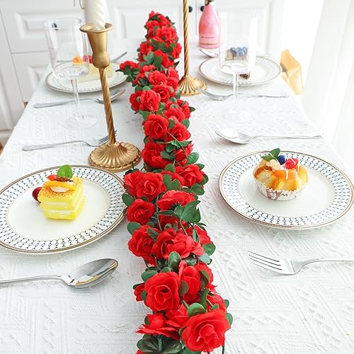 Miniatura 6 de CEWOR 5 rosas falsas, rosas rojas artificiales para habitación, aniversario, boda, cumpleaños, decoración de arco de pared de Navidad