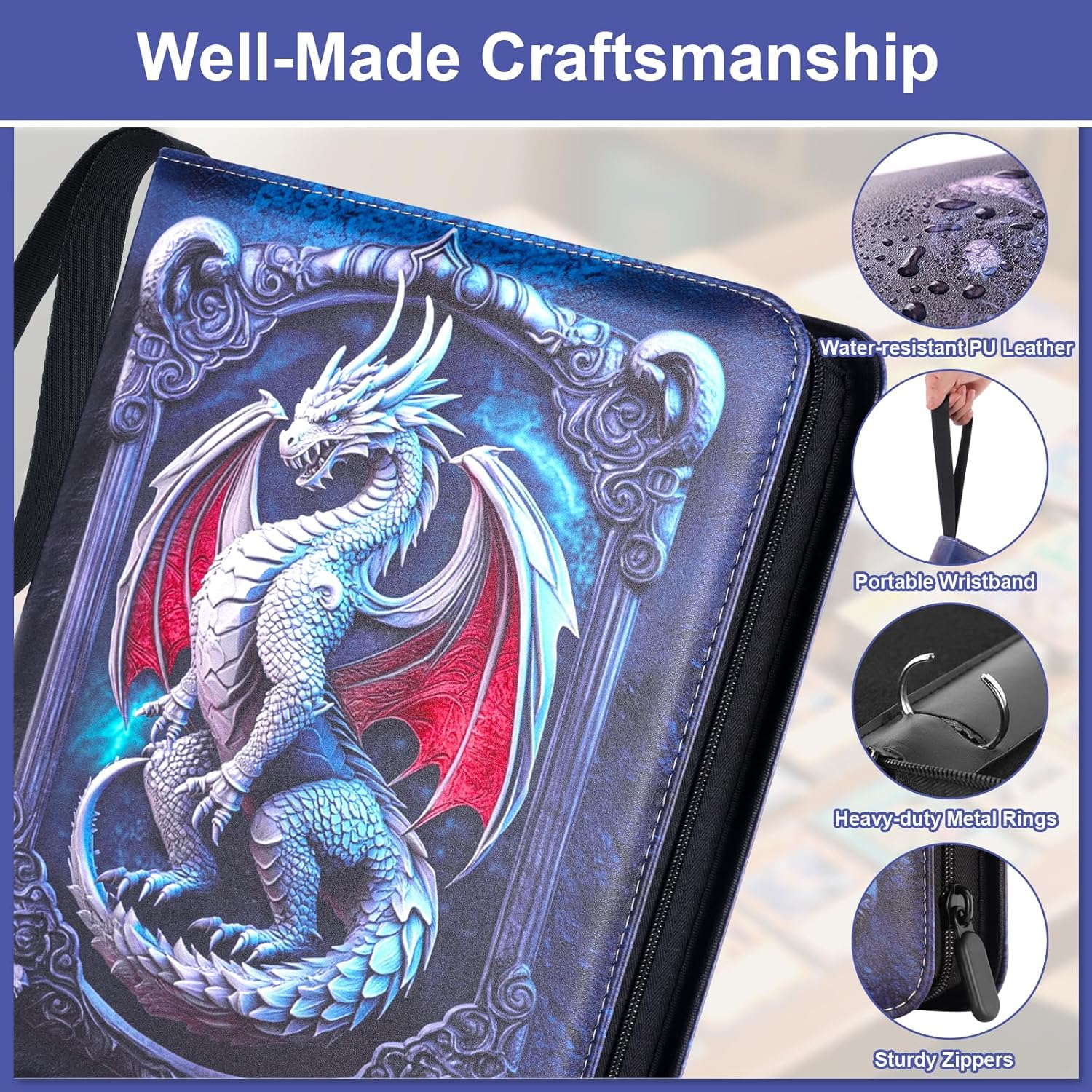 Trading Card Binder, 9 Pocket Card Binder with Sleeves, 50 Pages, 3 Ring Trading Zipper Binder Card Album for TCG CCG MTG Baseball Cards Game Card (Dragon)