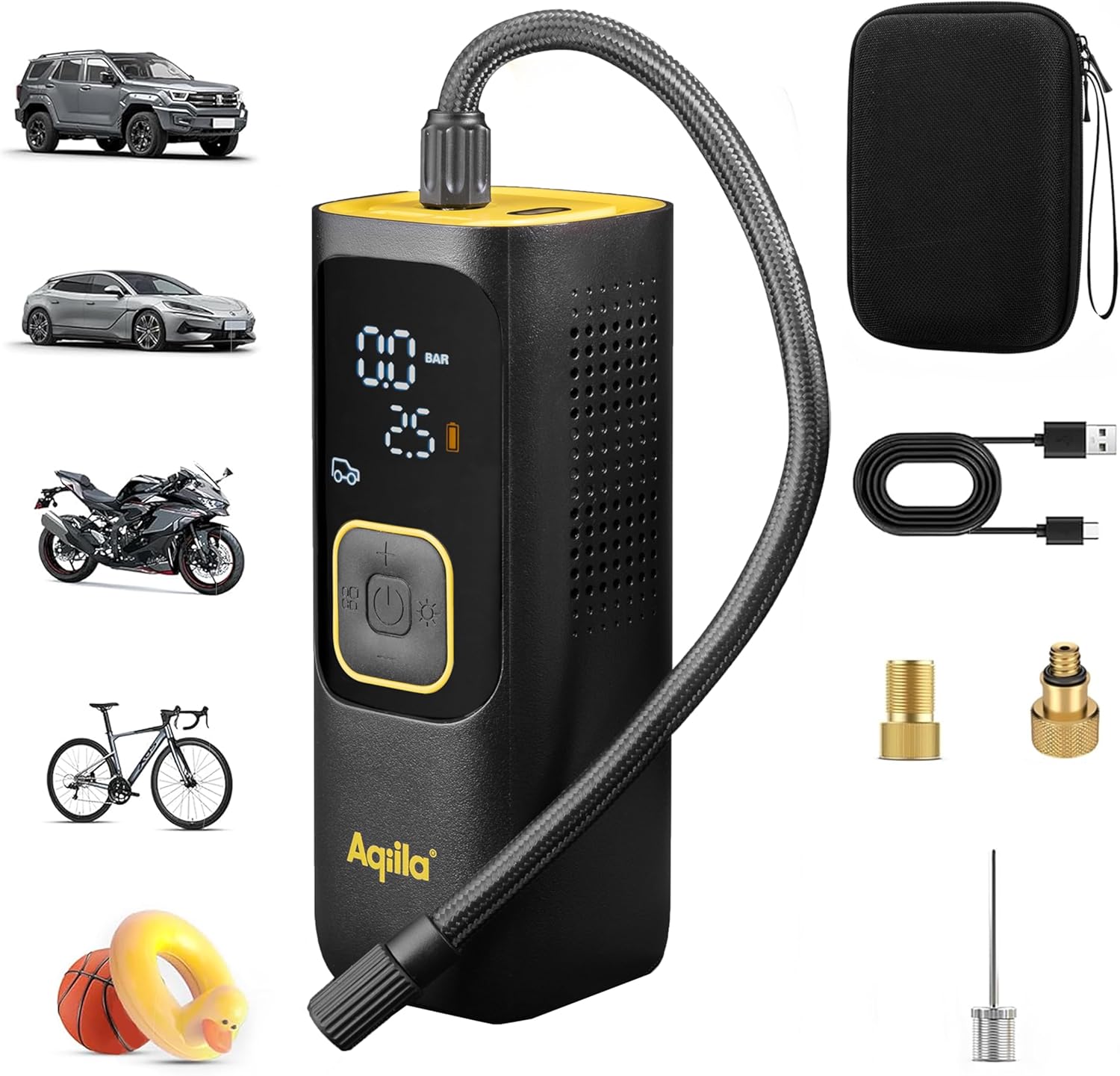 Airbird C7 - Portable Air Pump and High Performance Compressor with Built-in Battery, Flashlight, Quick Installation and Automatic Shut-Off for Accurate and Effortless Inflation