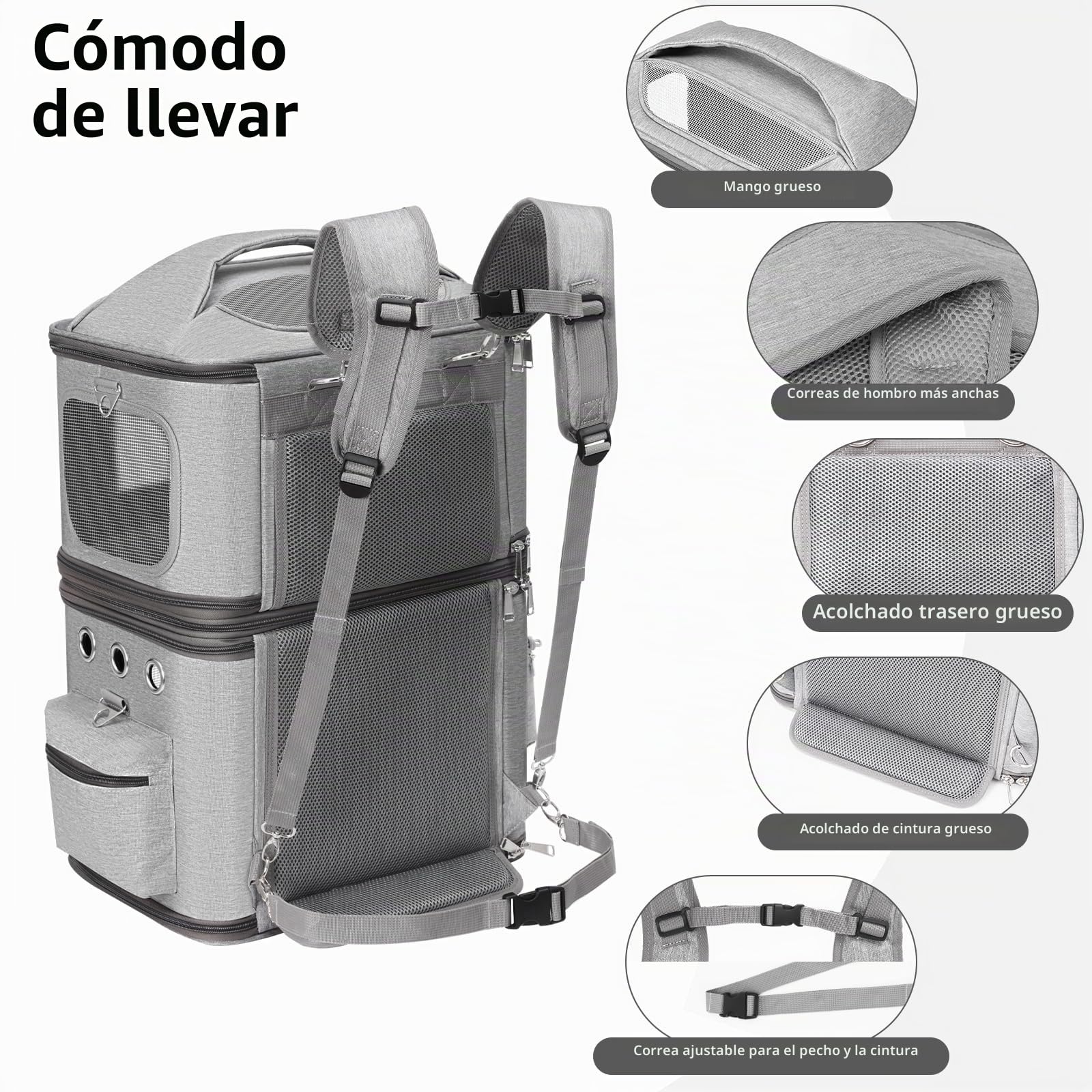 Mochila Desmontable para 2 Gatos, Plegable Transportin Doble para 2 Gatos de hasta 12 kg, Gris