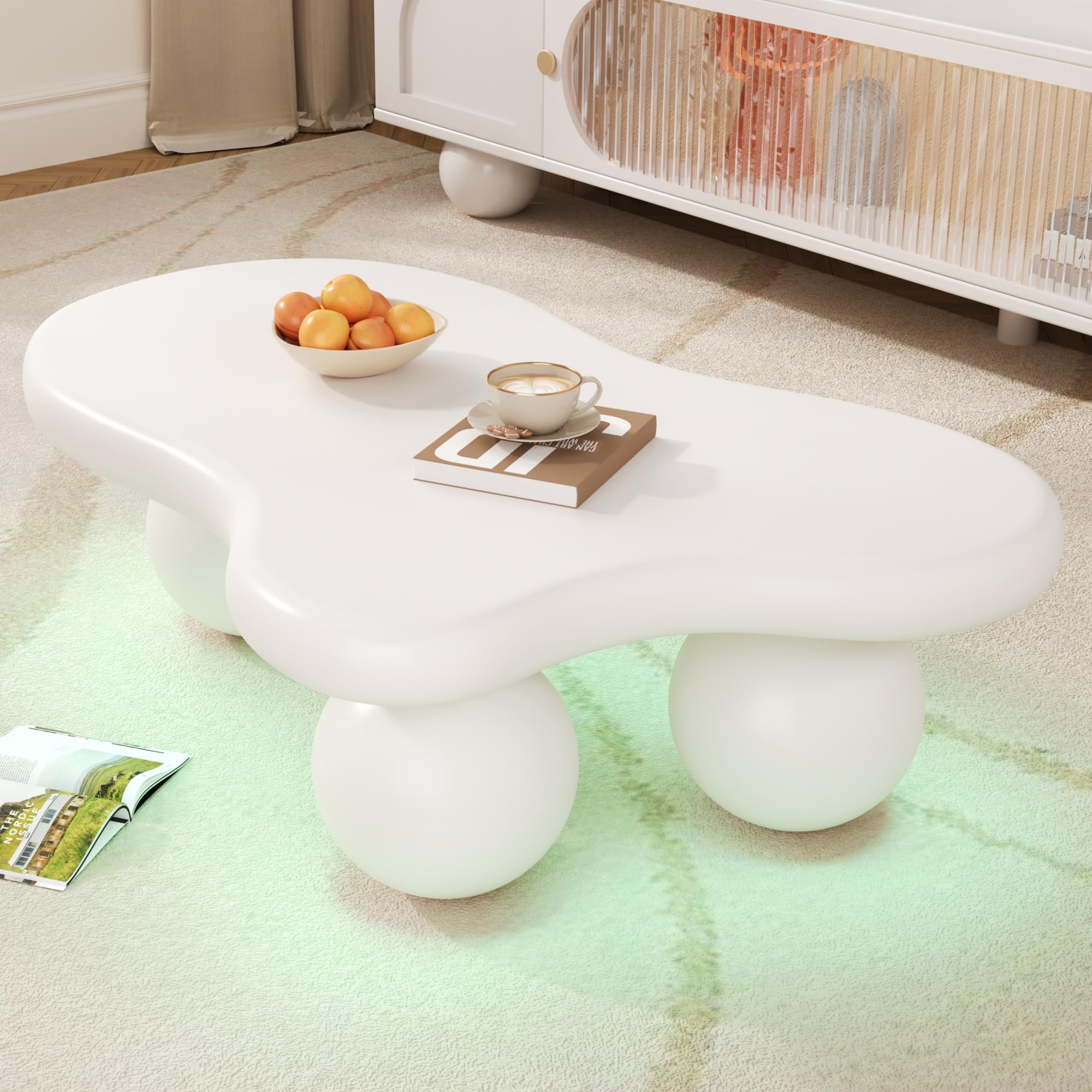 Mesa de café estilo nube con LED, 16 colores a elegir, diseño de nube, diseño de patas redondas, elegante para sala de estar moderna y habitación infantil (color blanco)