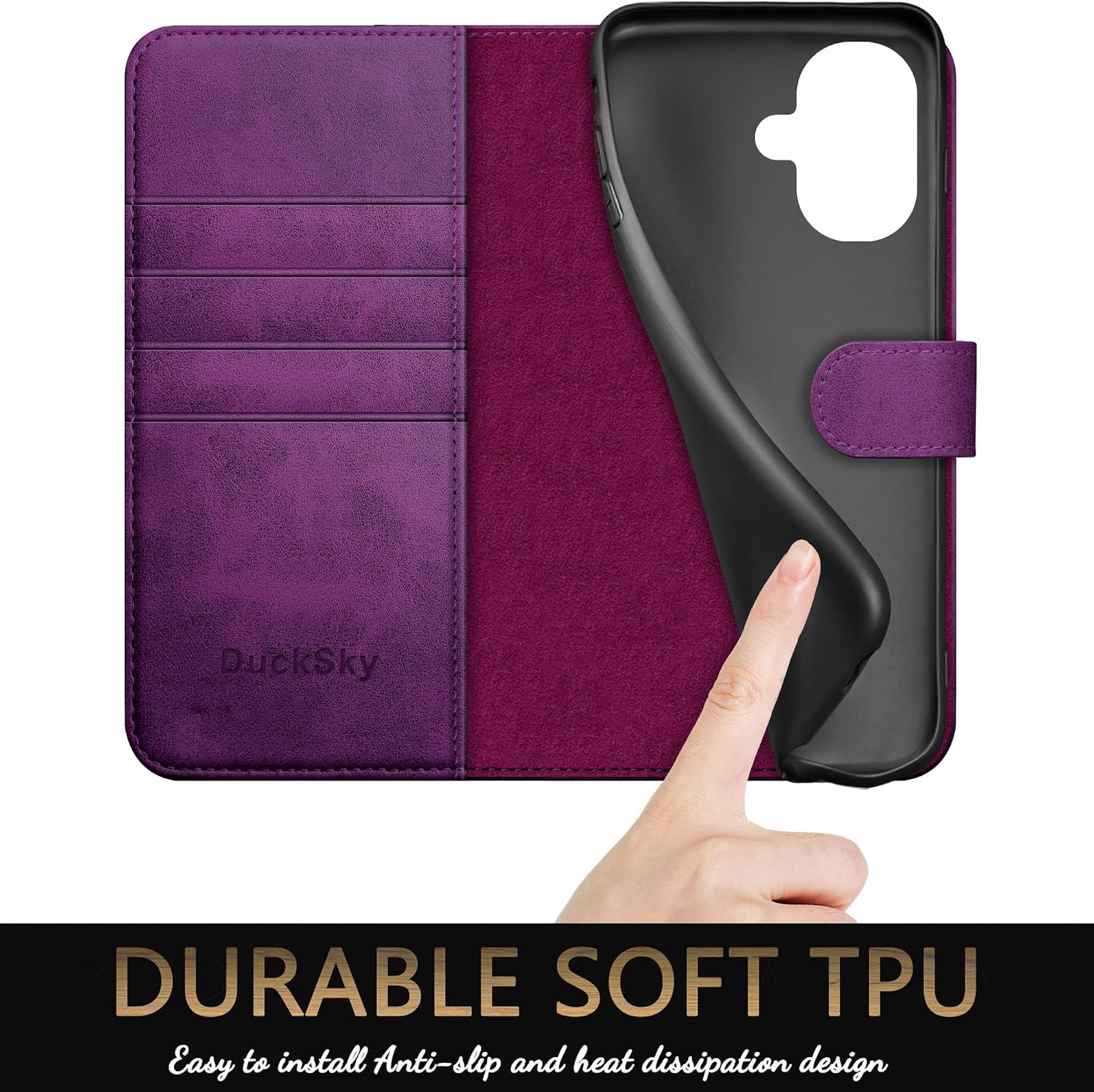 DuckSky Compatible with iPhone 16 6.1" Genuine Leather Wallet case【RFID Blocking】【4 Credit Card Holder】【Real Leather】 Flip Folio Book Phone case Protective Cover Women Men for Apple 16 case Purple