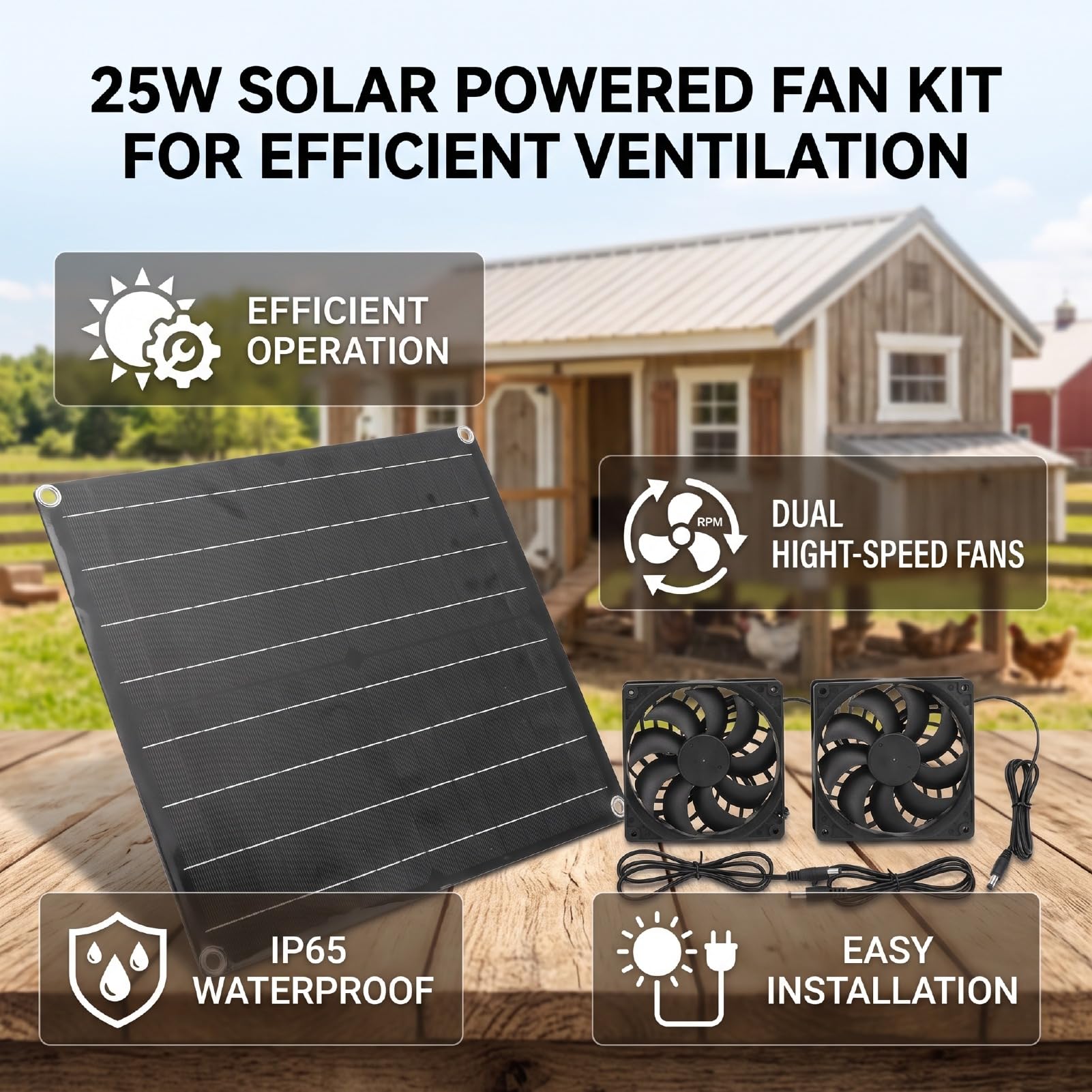Kit Ventilateur énergie Solaire, 25W, Double Ventilateur, 3000RPM