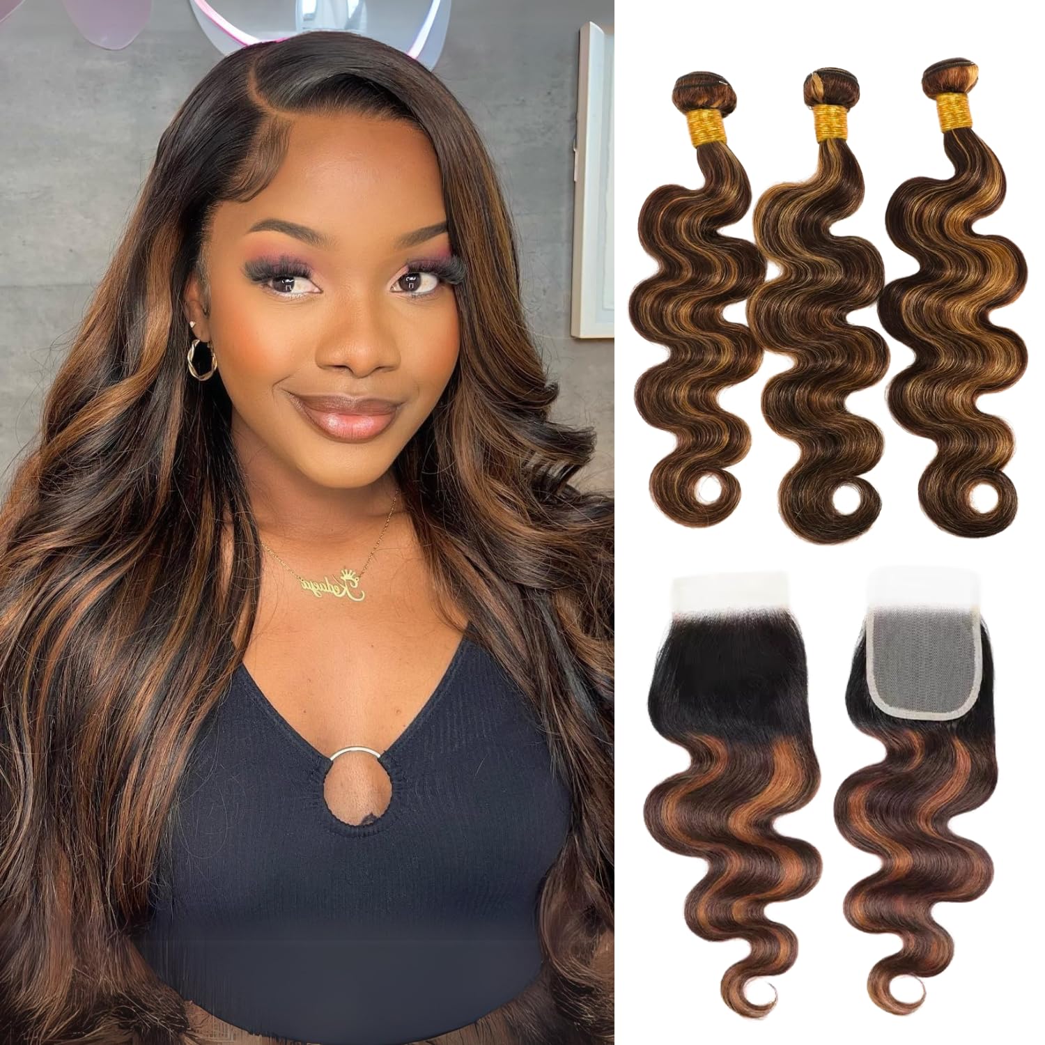 BQRIH Brown Highlight Body Wave Bundles With 4x4 Closure 16 18 20+14in 12A Human Hair Extensions Virgin Remy F1B/30 Black and Honey Blonde Highlights